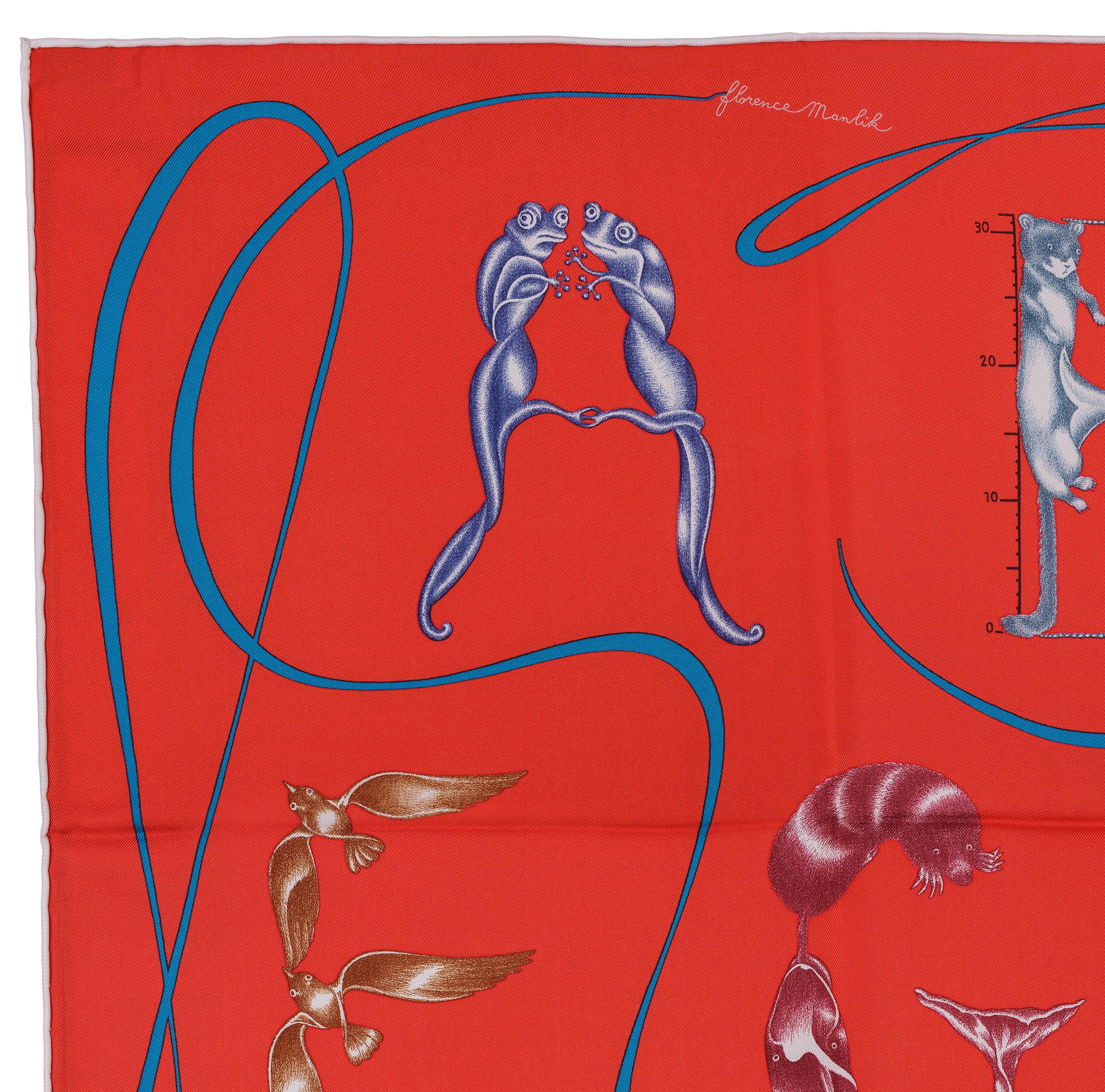 Women's Auth. Hermes Silk Scarf Faune Lettree - Rouge bleu canard NEW