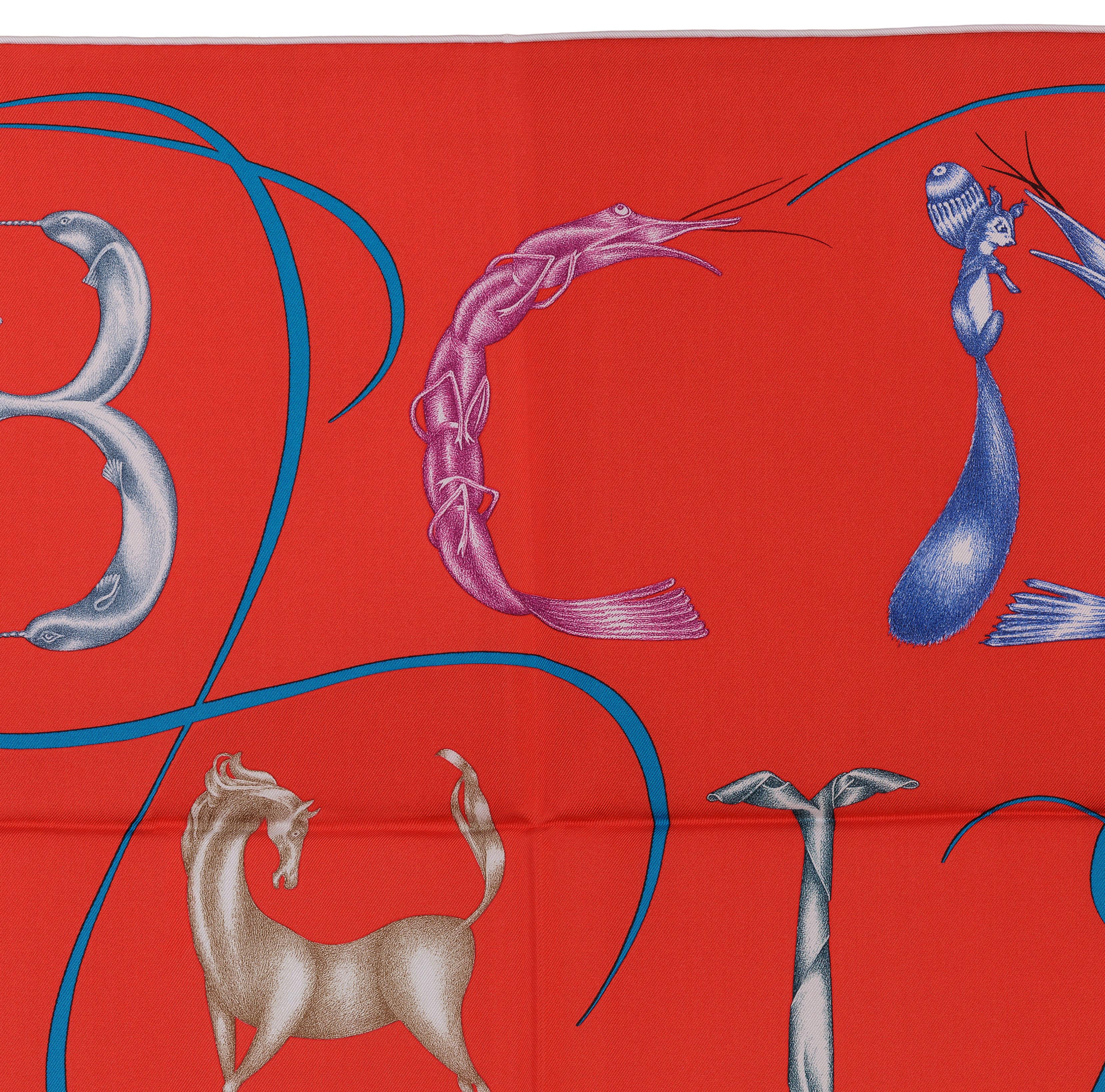 Auth. Hermes Silk Scarf Faune Lettree - Rouge bleu canard NEW 1