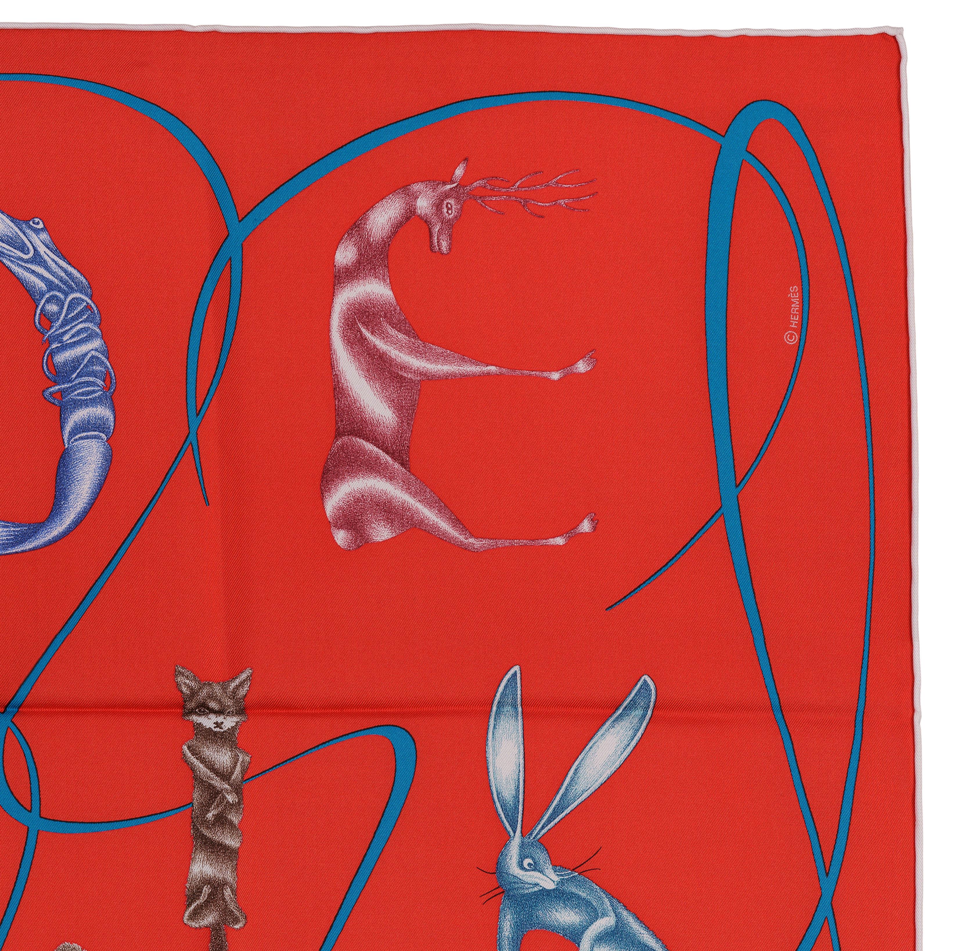 Auth. Hermes Silk Scarf Faune Lettree - Rouge bleu canard NEW 2