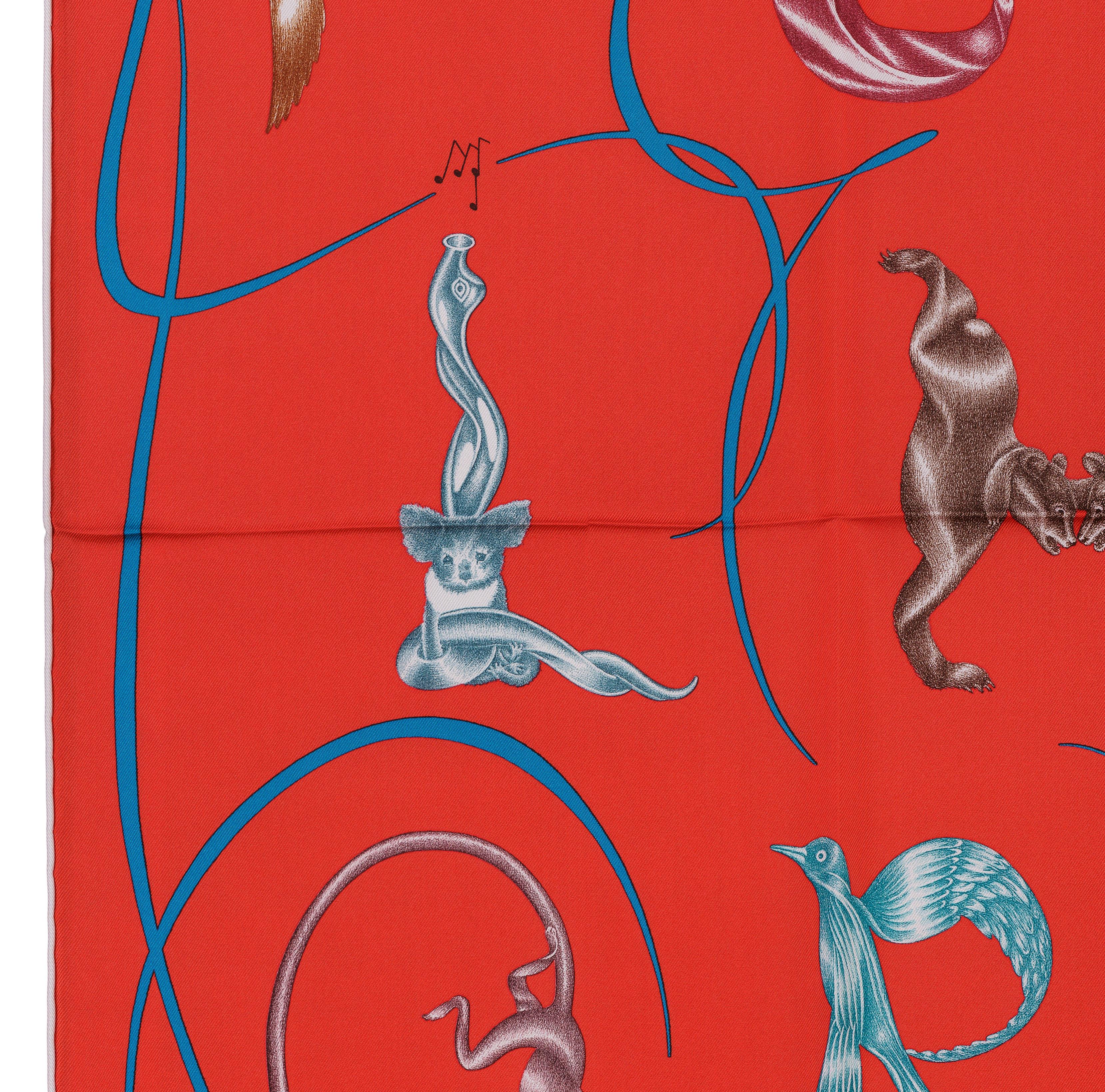 Auth. Hermes Silk Scarf Faune Lettree - Rouge bleu canard NEW 3