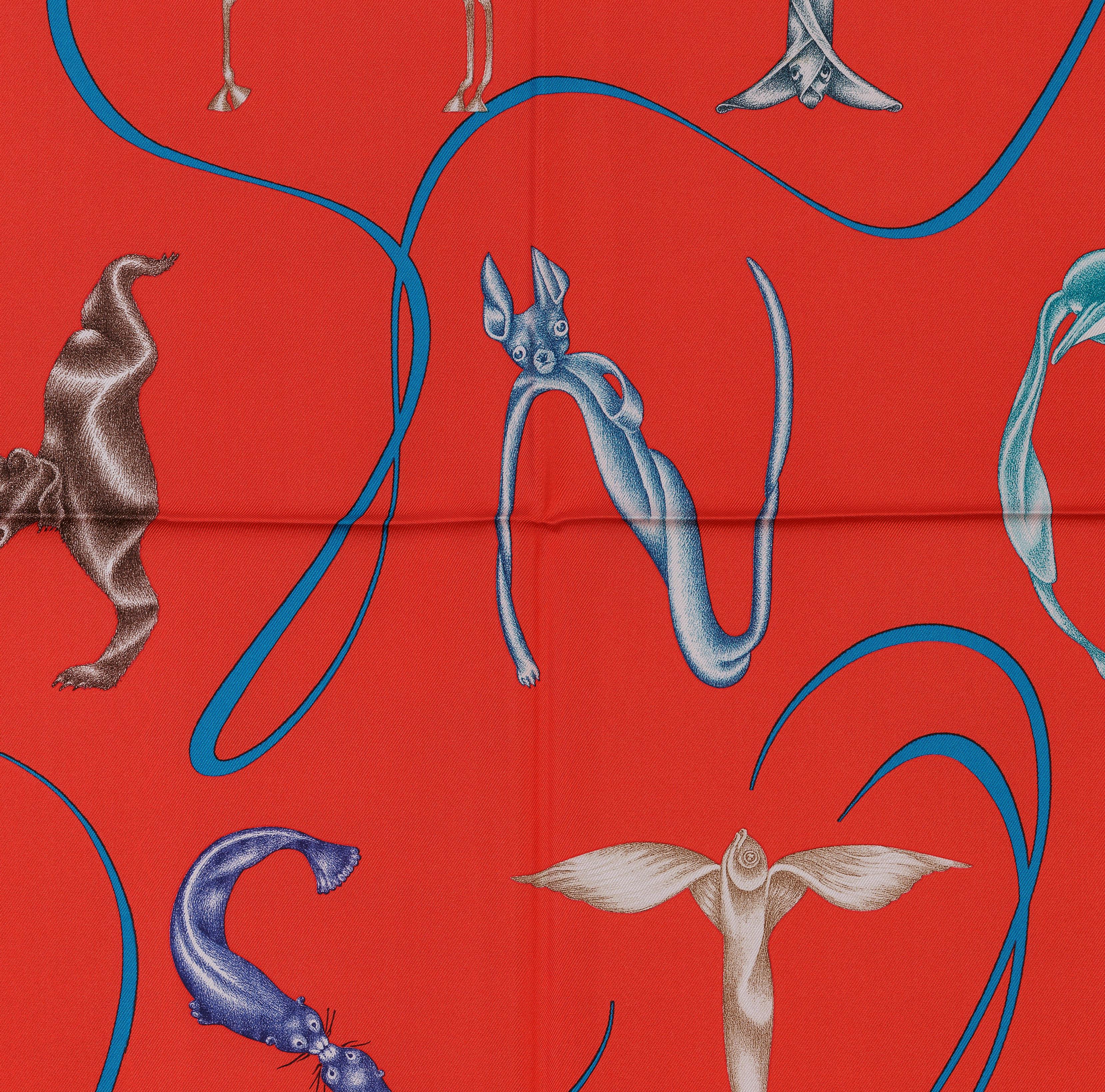 Auth. Hermes Silk Scarf Faune Lettree - Rouge bleu canard NEW 4