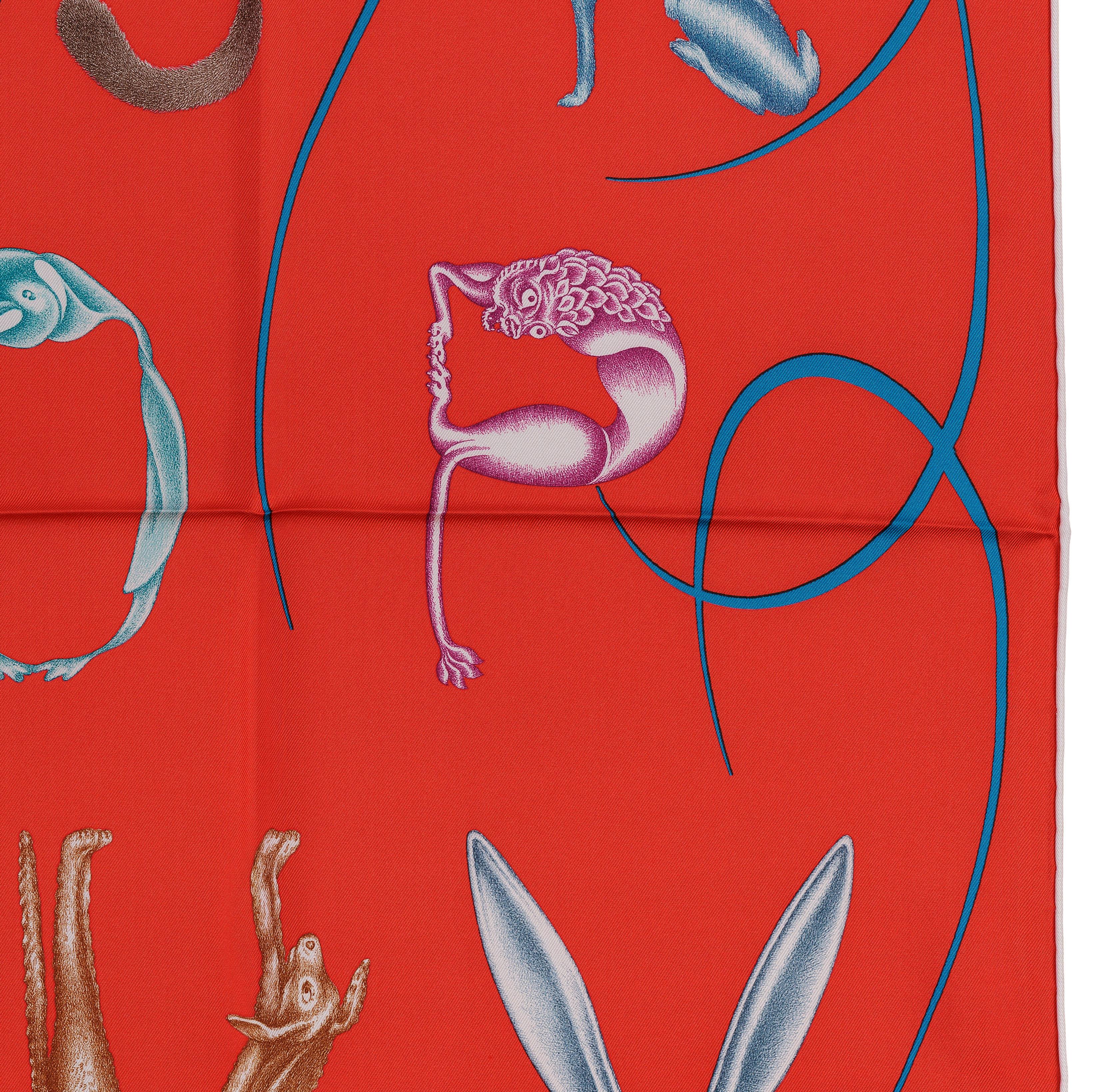 Auth. Hermes Silk Scarf Faune Lettree - Rouge bleu canard NEW 5