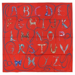 Auth. Hermes Silk Scarf Faune Lettree - Rouge bleu canard NEW