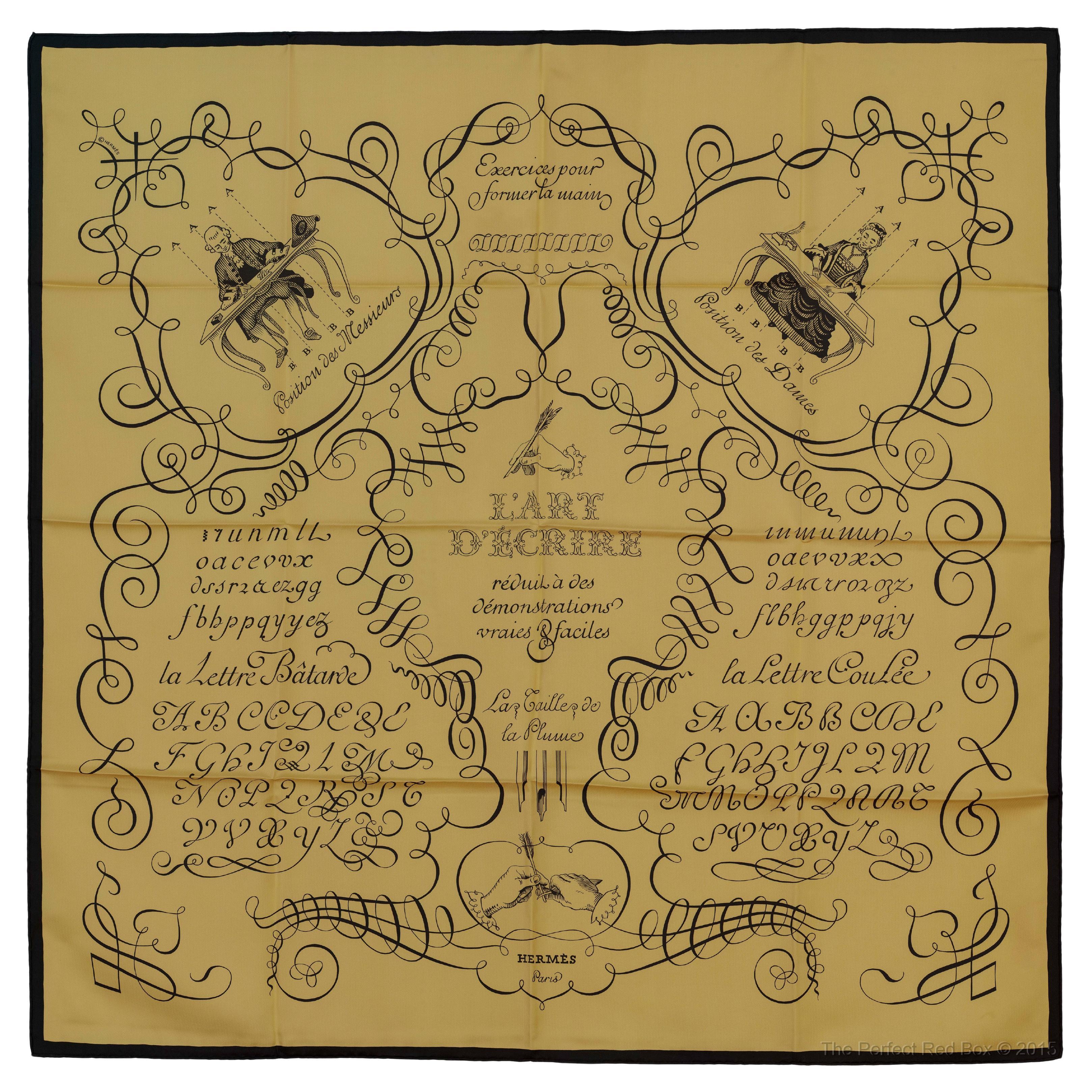 Auth. Hermes Silk Scarf L Art d'Ecrire - Black Vanilla - MINT RARE! For Sale