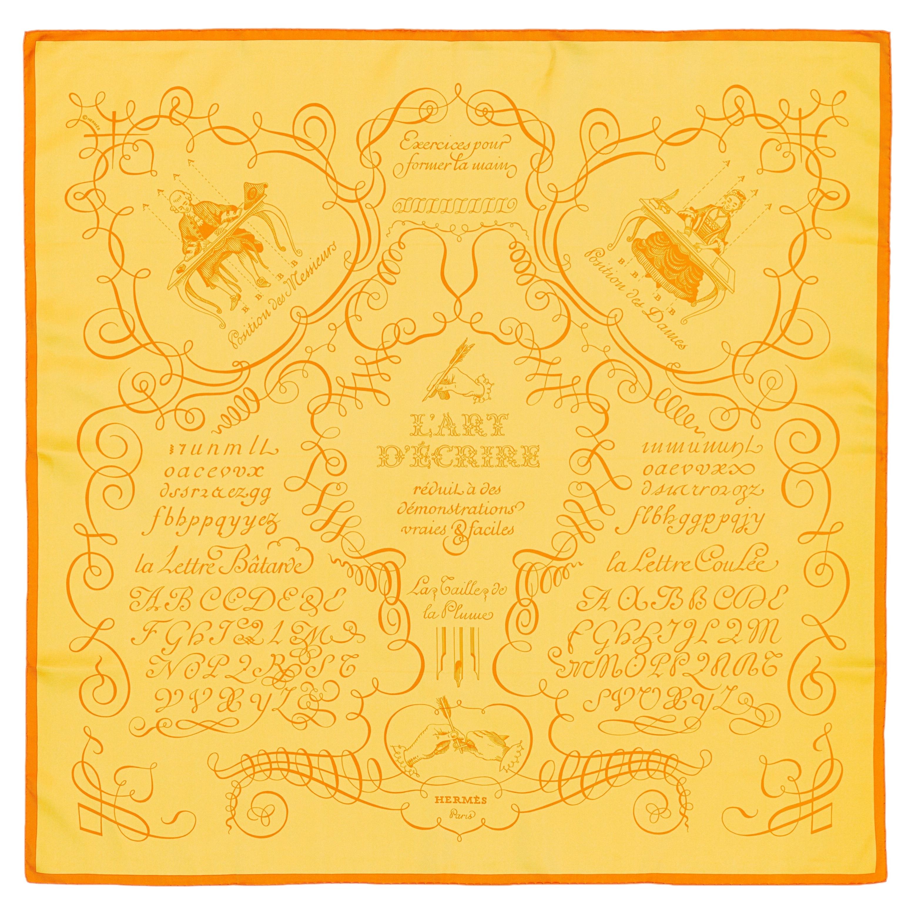 Auth. Hermes Silk Scarf - L art d'Ecrire - Jaune Orange - Mint Rare Collector! For Sale