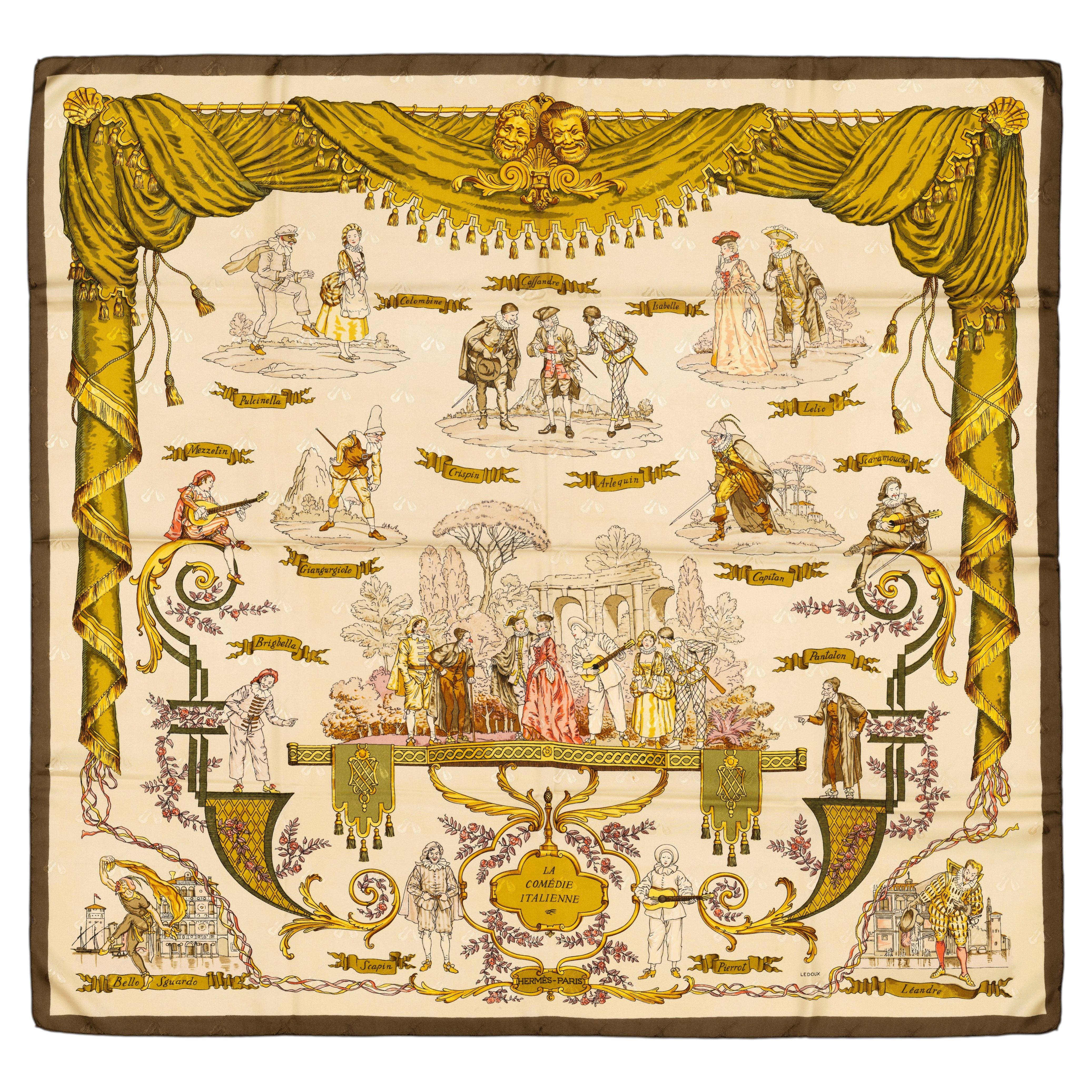 Auth. Hermes Silk Scarf La Comedie Italienne - Jacquard - Jaune Or - Collector!