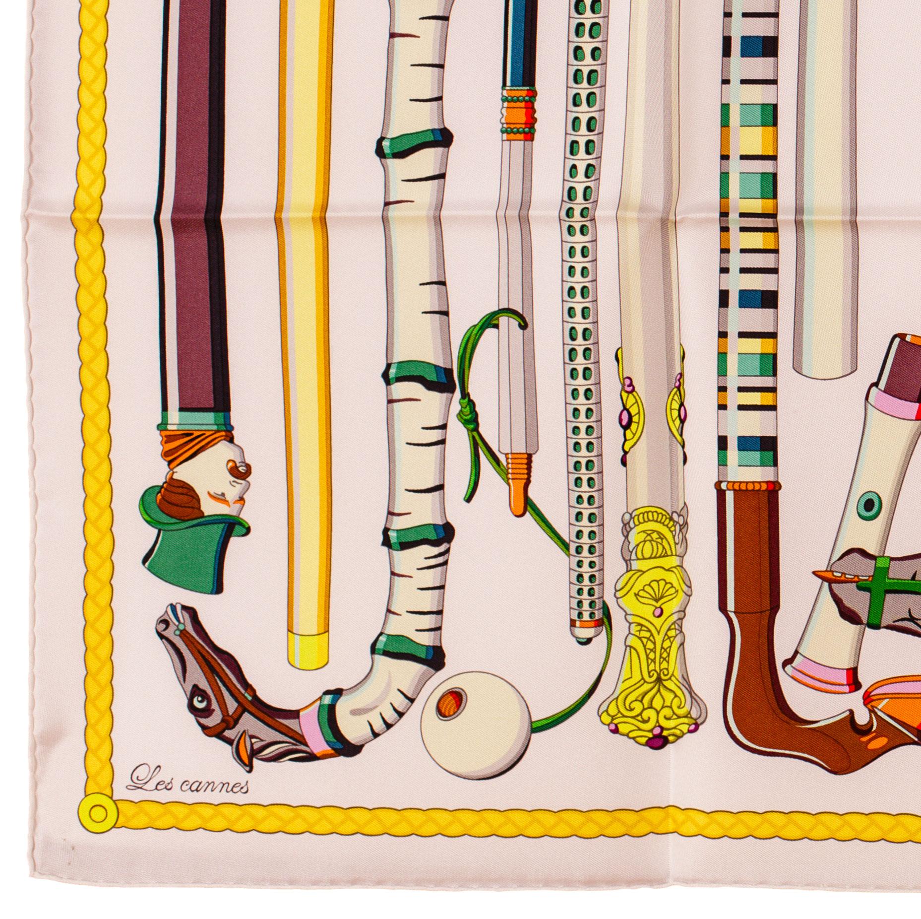 Auth. Hermes Silk Scarf Les Cannes - White NEW 7