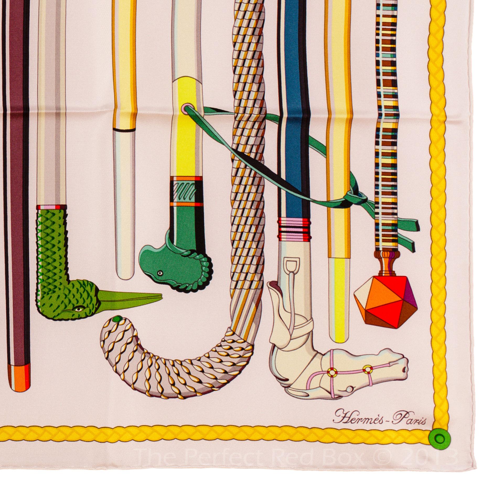 Auth. Hermes Silk Scarf Les Cannes - White NEW 9
