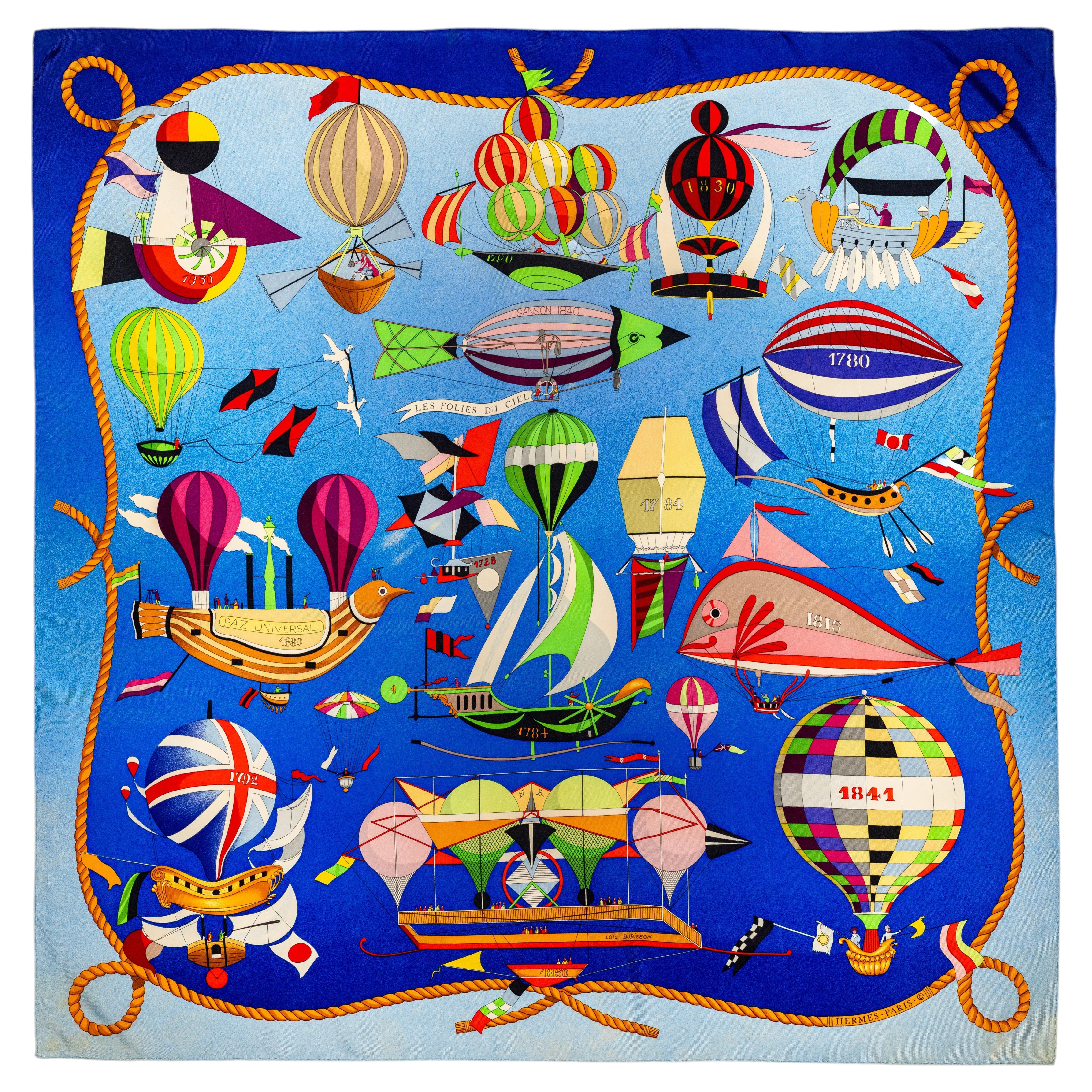Auth. Hermès silk Scarf Les Folies du Ciel - Rouge Vert Jaune Violet - EXC For Sale