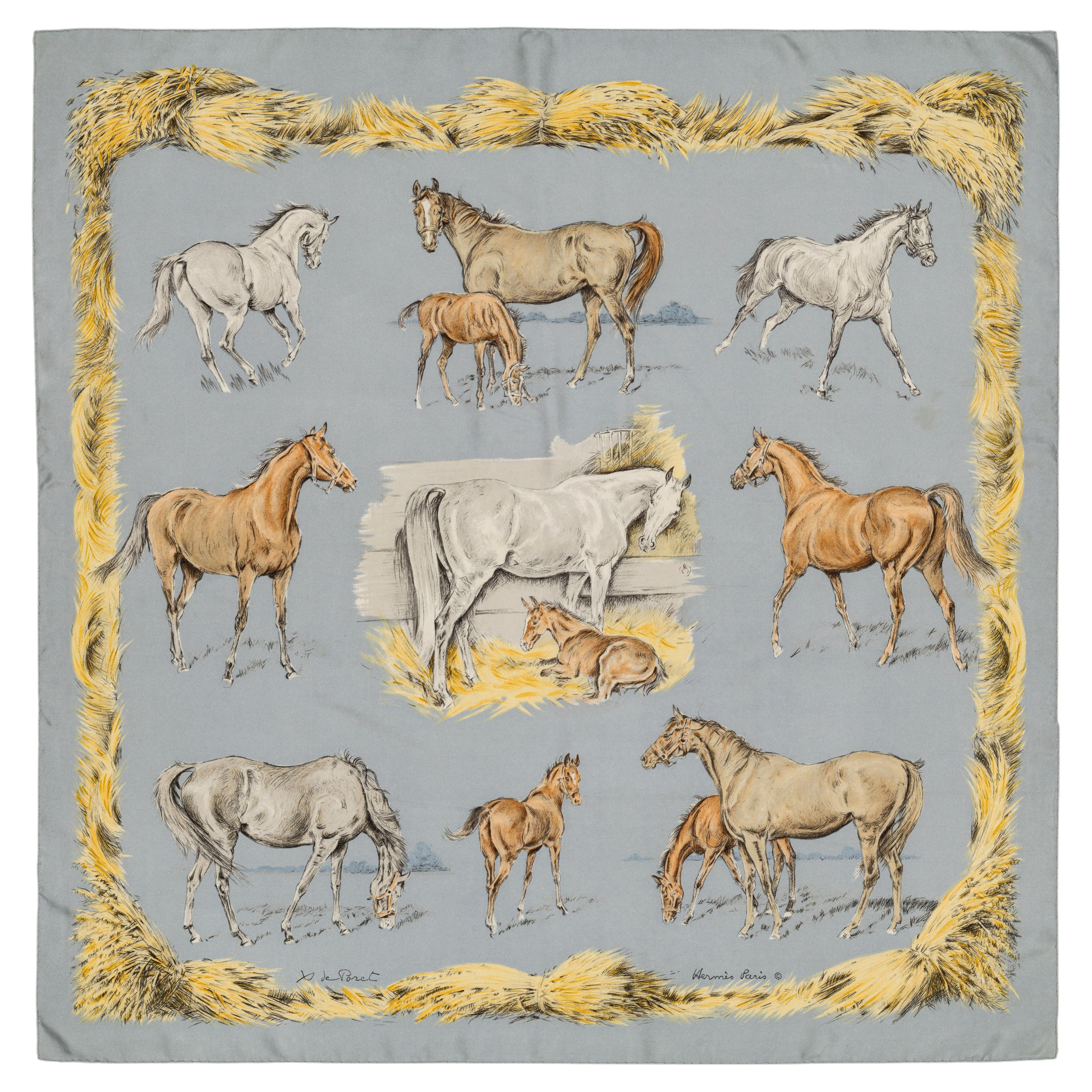 Auth. Hermès silk Scarf - Les Poulains - Bleu Gris Jaune Paille - X de Poret For Sale
