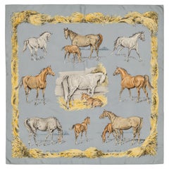 Auth. Hermès silk Scarf - Les Poulains - Bleu Gris Jaune Paille - X de Poret