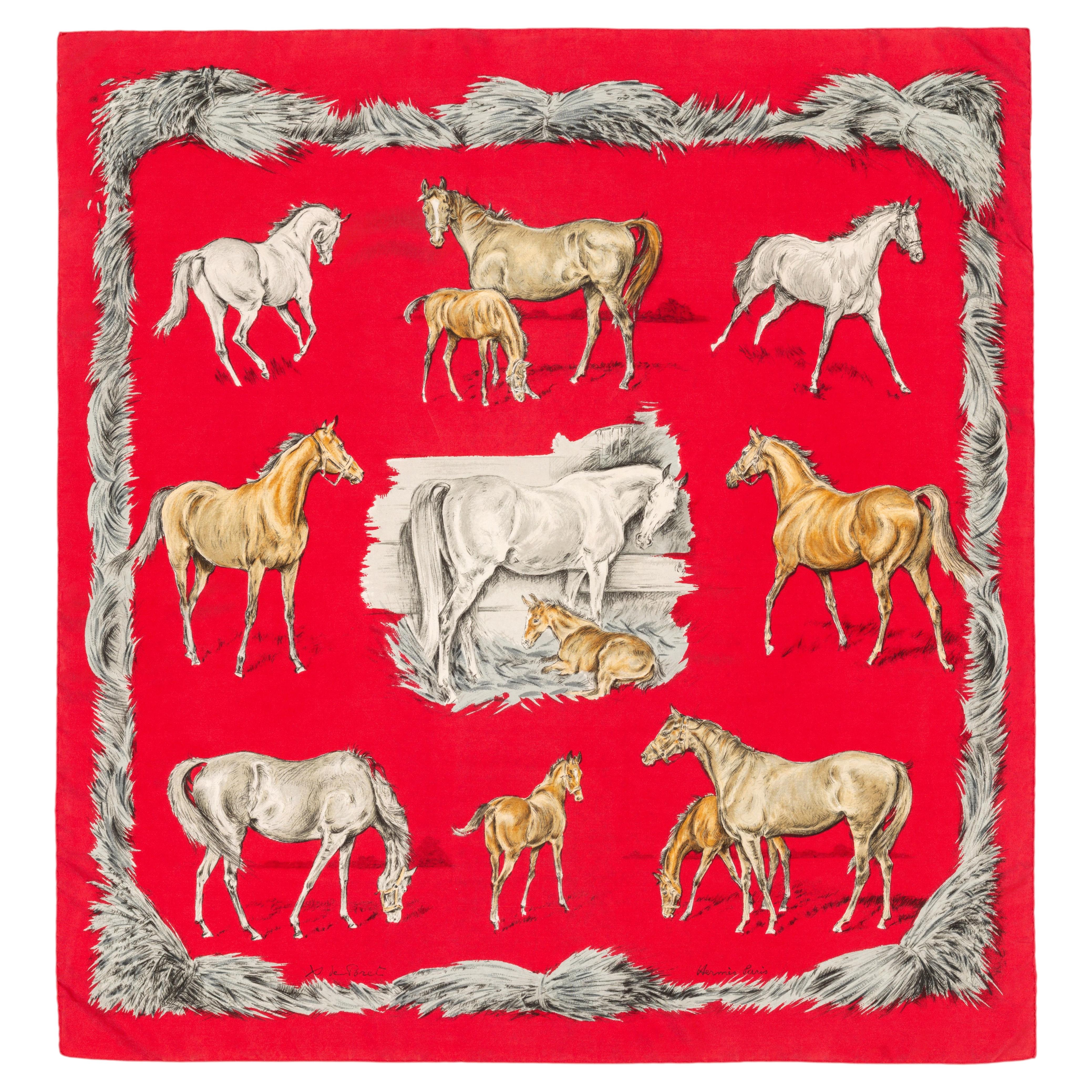 Auth. Hermès silk Scarf - Les Poulains - Red - Xavier de Poret - Collector!