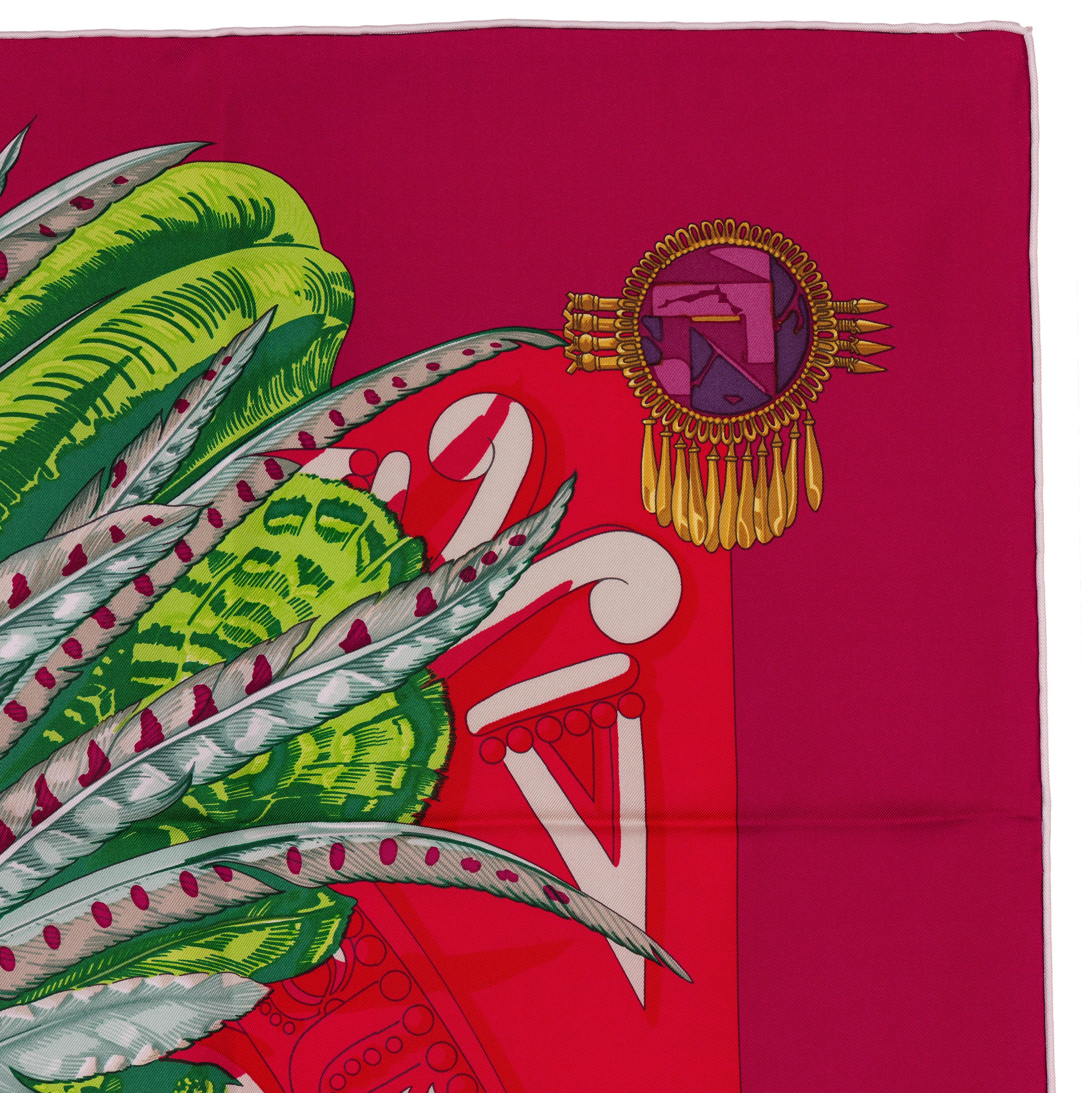 Donna Auth. Hermes Sciarpa di seta Mexique - Red Greene & Greene White - Nuova Etichetta di Cura in vendita
