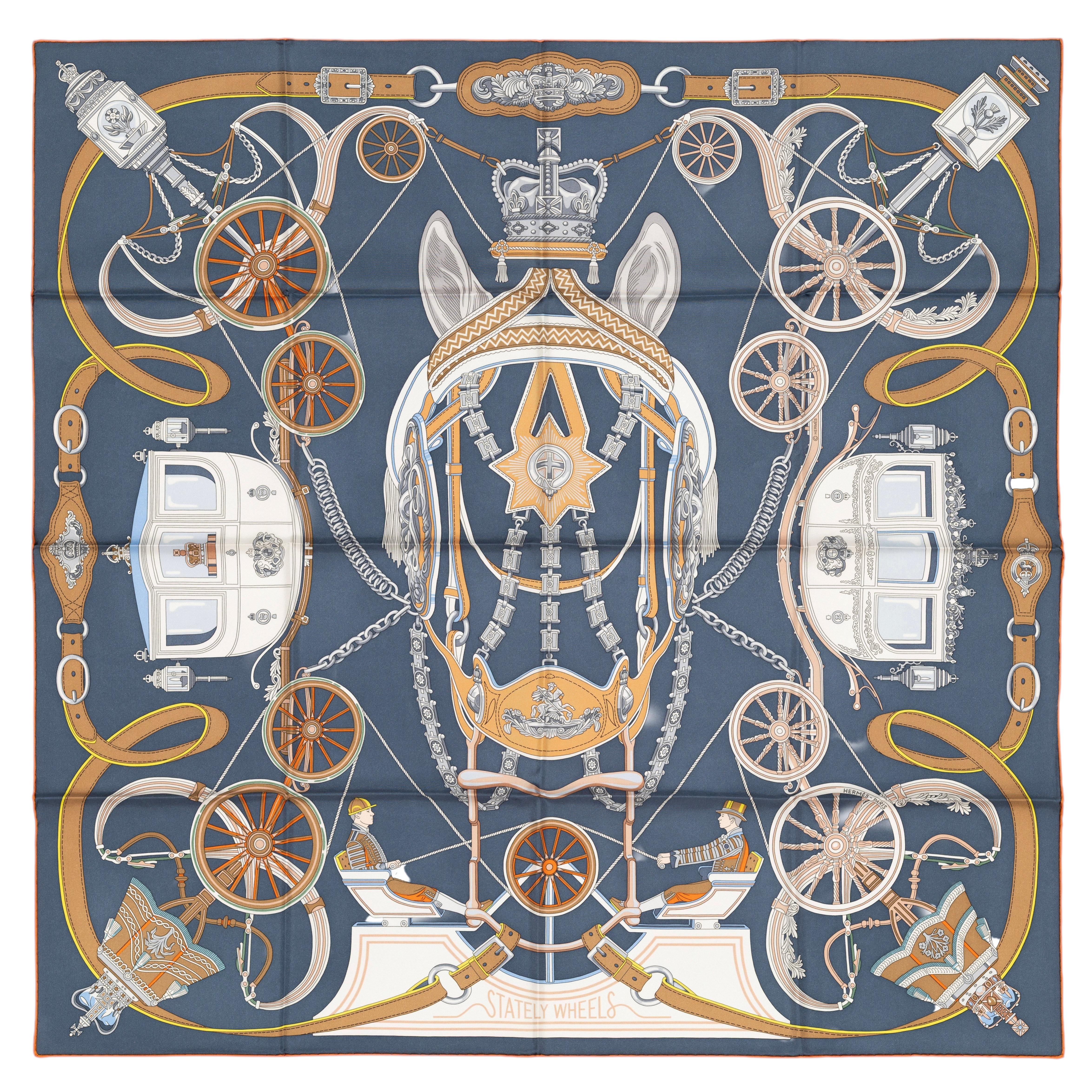 Auth. Sciarpa in seta Hermès - Stately Wheels - Bleu Ardoise Blanc - Nuova con etichetta