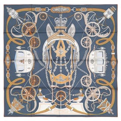 Auth. Hermes Silk Scarf - Stately Wheels - Bleu Ardoise Blanc - New With Tag