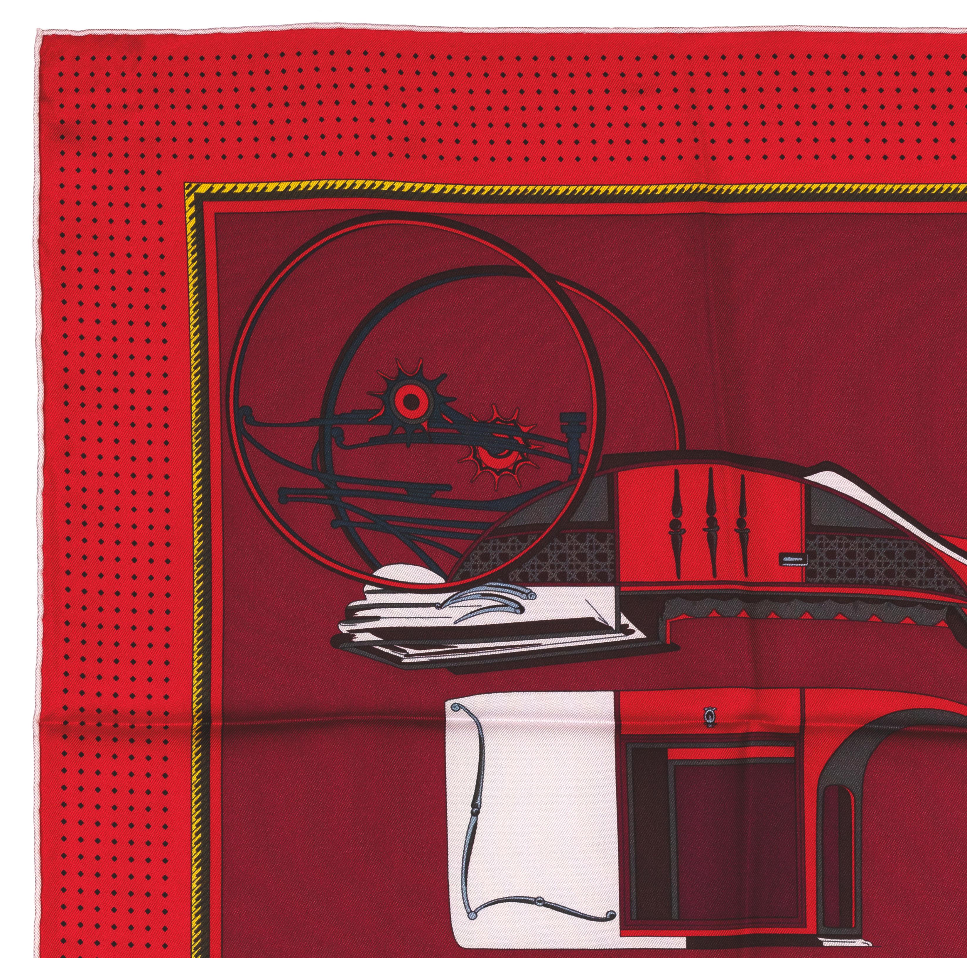 Auth. Hermes Silk Scarf Voitures a Transformation White Red New In New Condition For Sale In Ottawa, CA