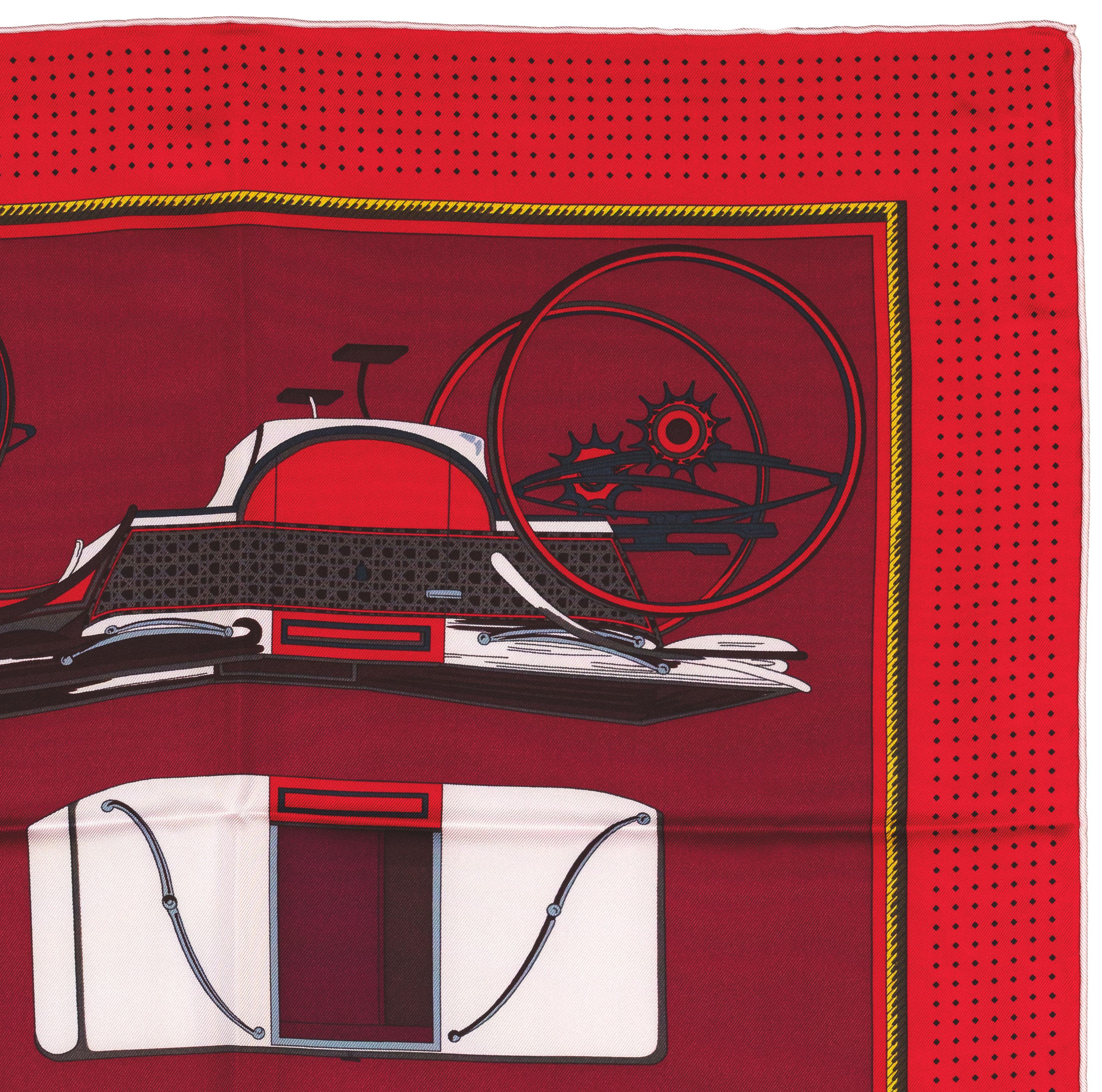 Auth. Hermes Silk Scarf Voitures a Transformation White Red New For Sale 1