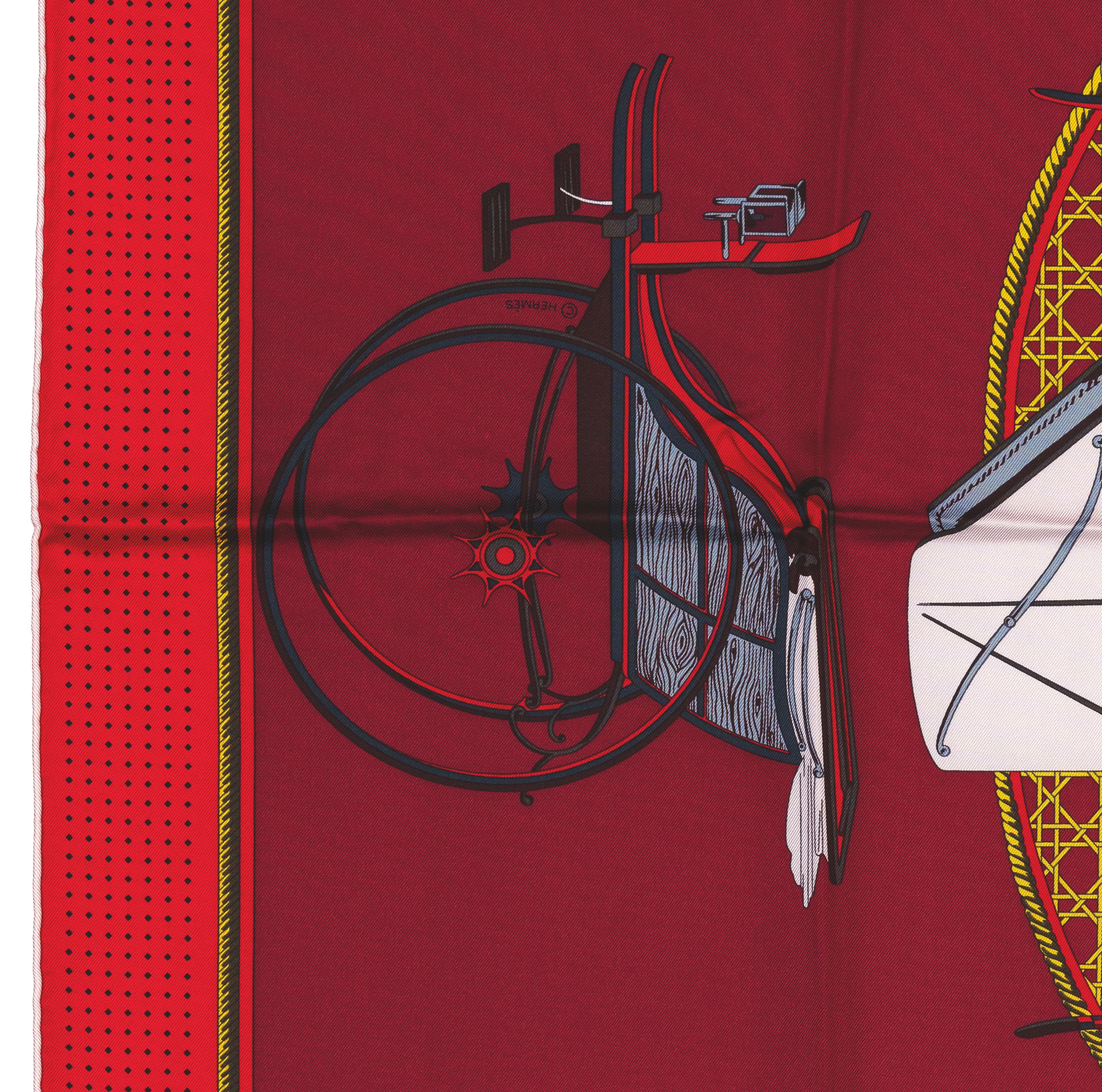 Auth. Hermes Silk Scarf Voitures a Transformation White Red New For Sale 2