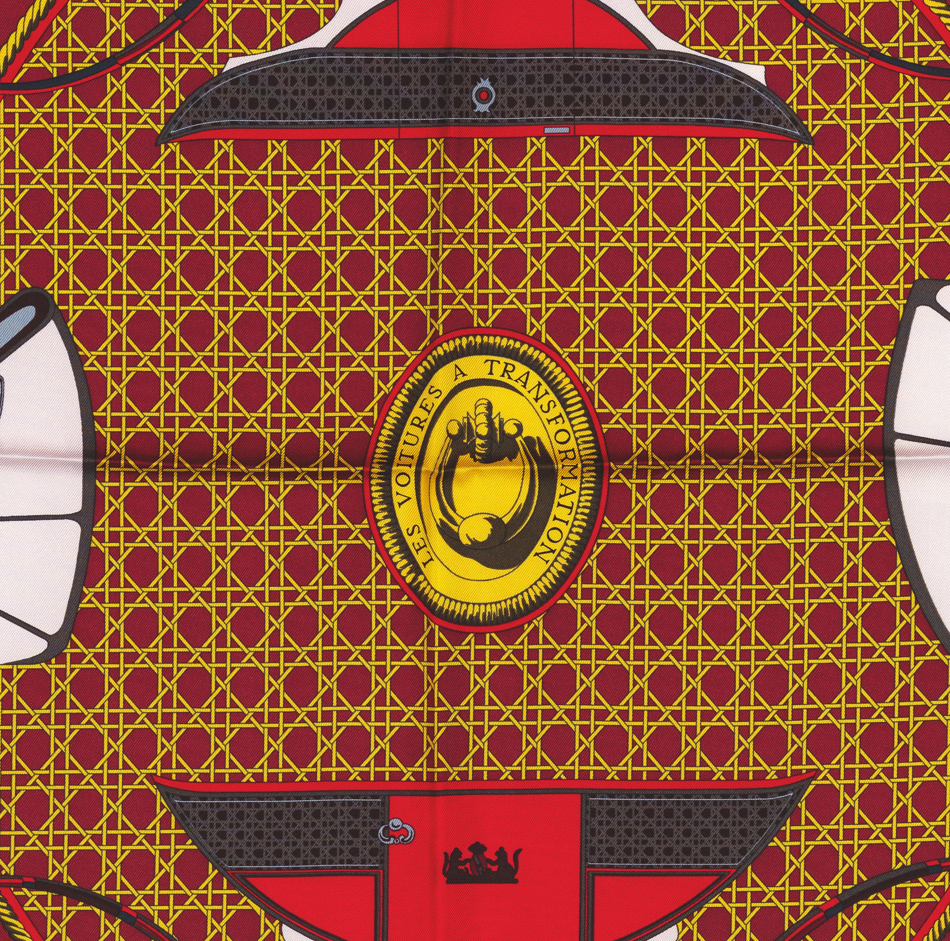 Auth. Hermes Silk Scarf Voitures a Transformation White Red New For Sale 3