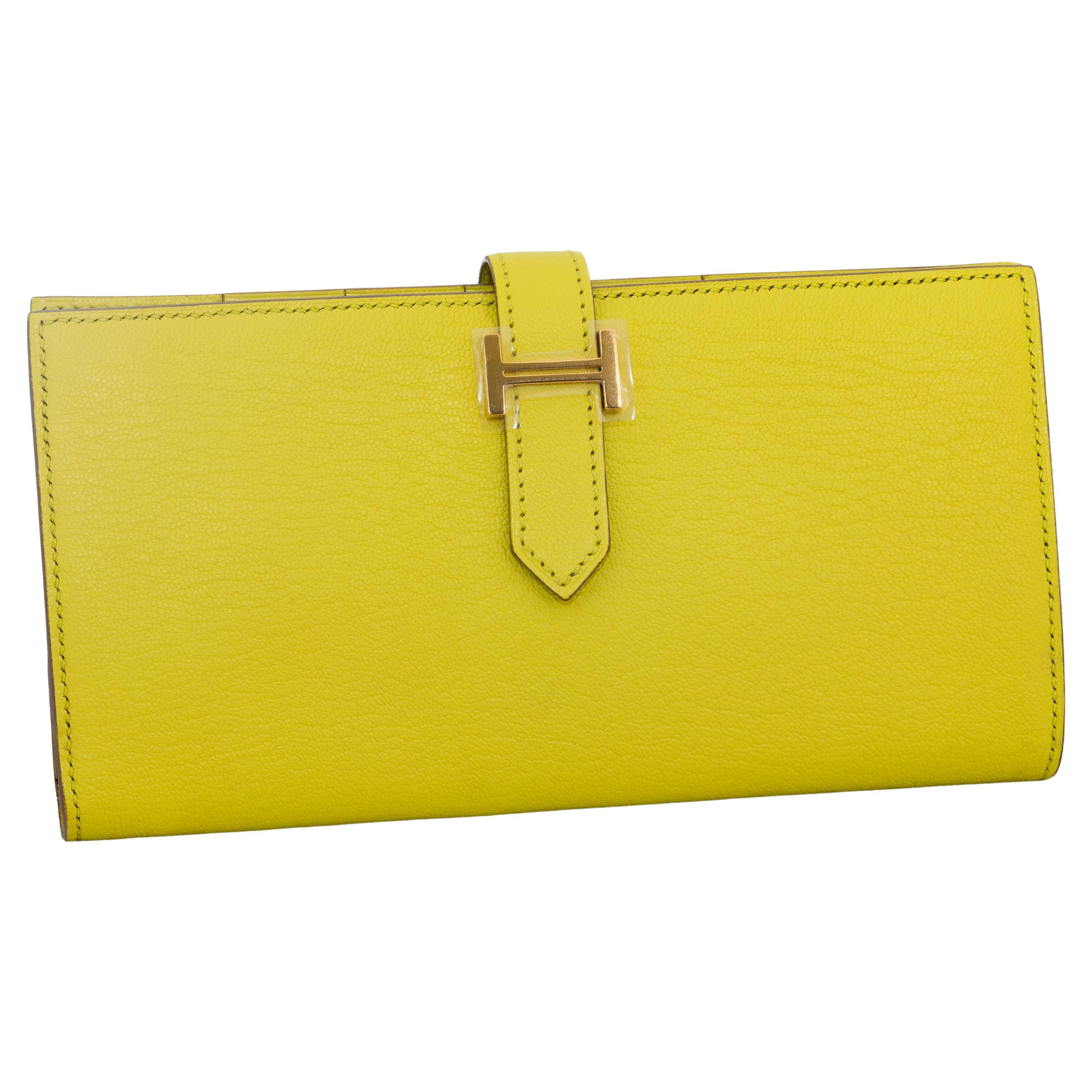 Auth. Portafoglio Hermes Bearn - Giallo lime - 17,5 cm - HW Paladium - Nuovo in vendita