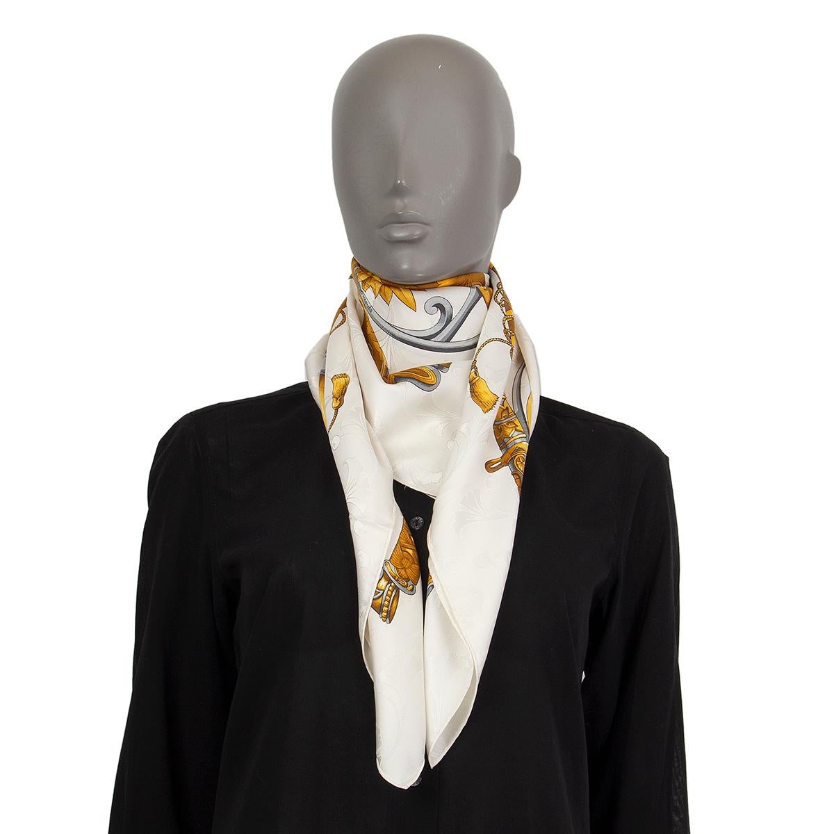 auth HERMES white DAIMYO PRINCESS DU Soleil Levant 90 silk twill Scarf 2