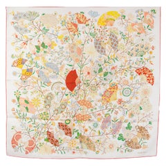 auth HERMES white red FLEURS ET PAPILLONS DE TISSUS 90 silk twill Scarf