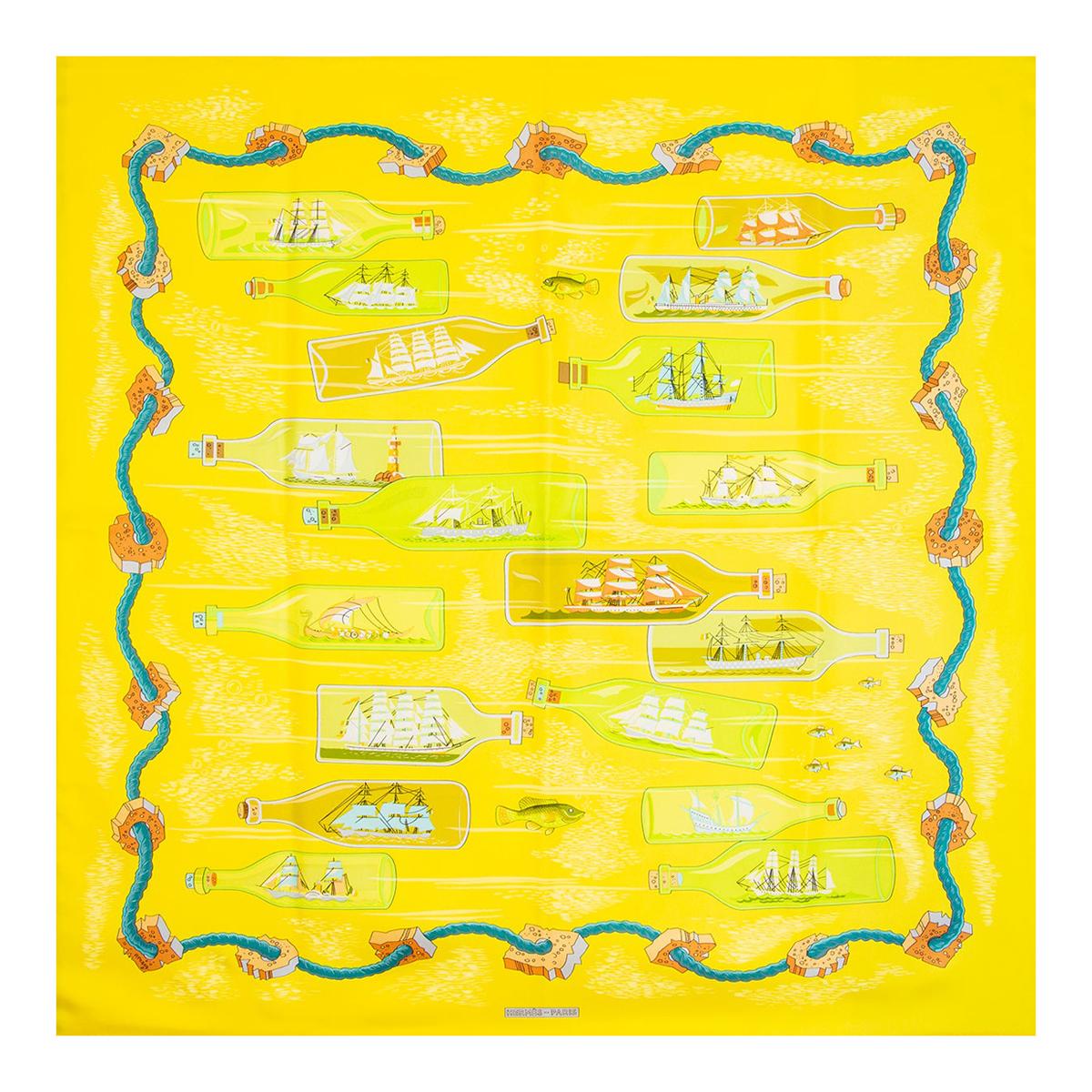 auth HERMES yellow BOUTEILLES A LA MER 90 silk Scarf