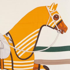 auth HERMES yellow white CHEVAL A LA COUVERTURE 140 cashmere silk Shawl Scarf