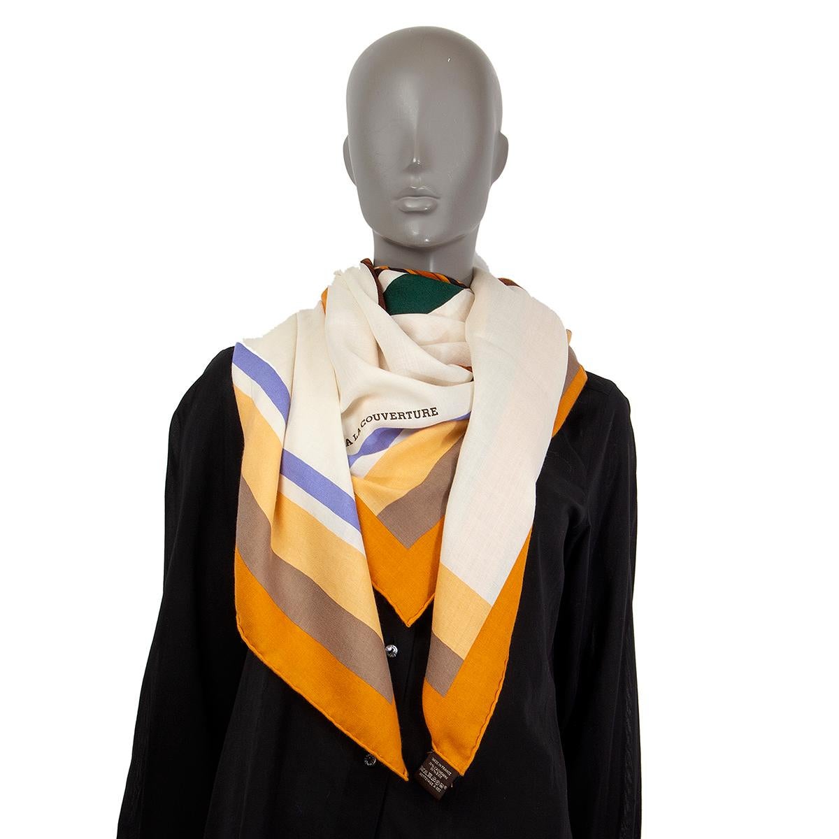 Women's or Men's auth HERMES yellow white CHEVAL A LA COUVERTURE 140 cashmere silk Shawl Scarf