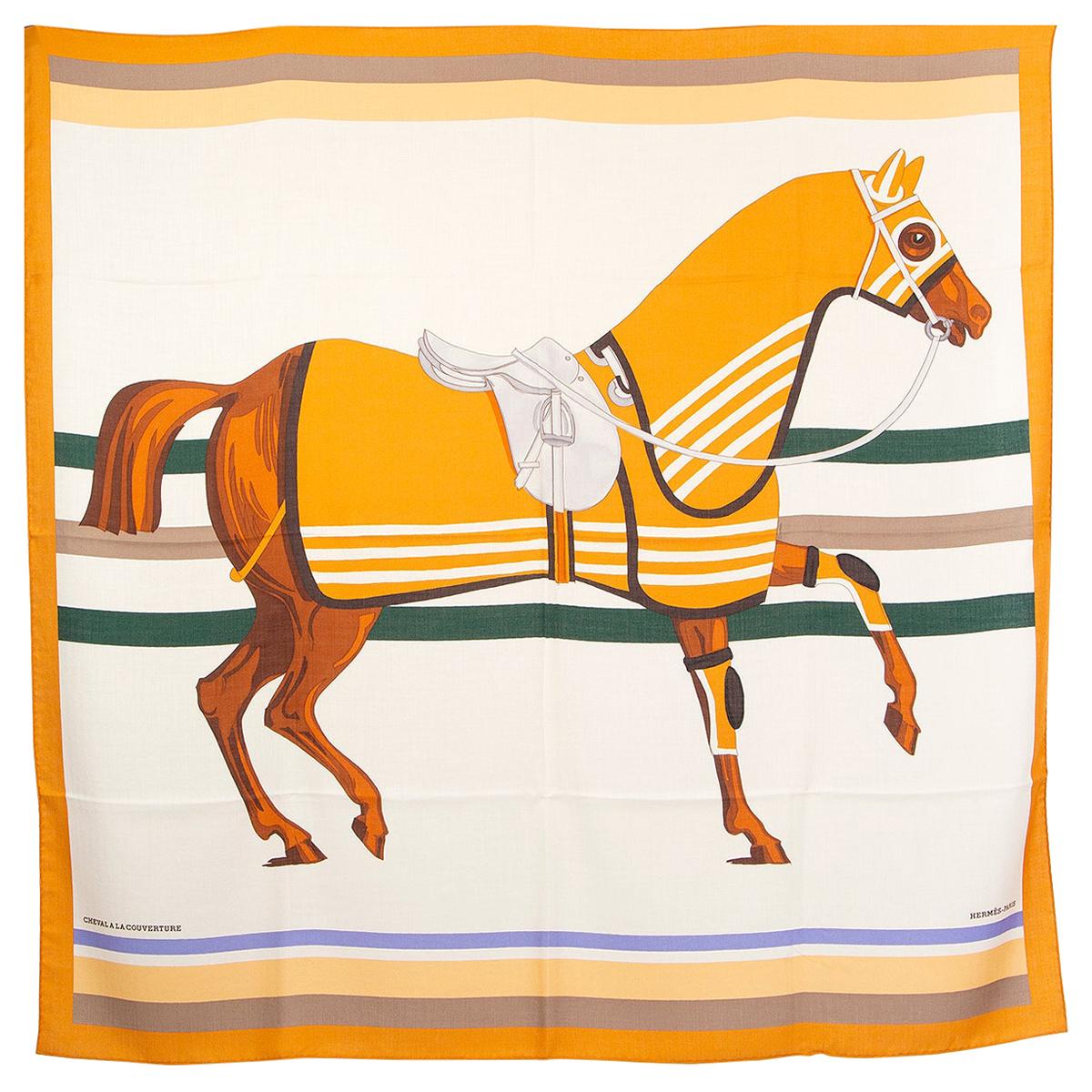 auth HERMES yellow white CHEVAL A LA COUVERTURE 140 cashmere silk Shawl Scarf