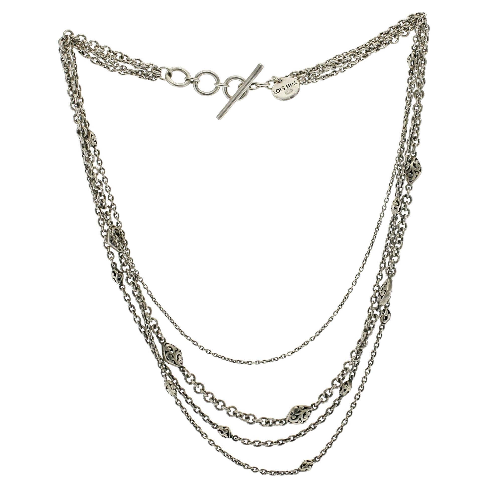 Auth Lois Hills 925 Sterling Silver 4 Row Chain Beaded Necklace Size 17"