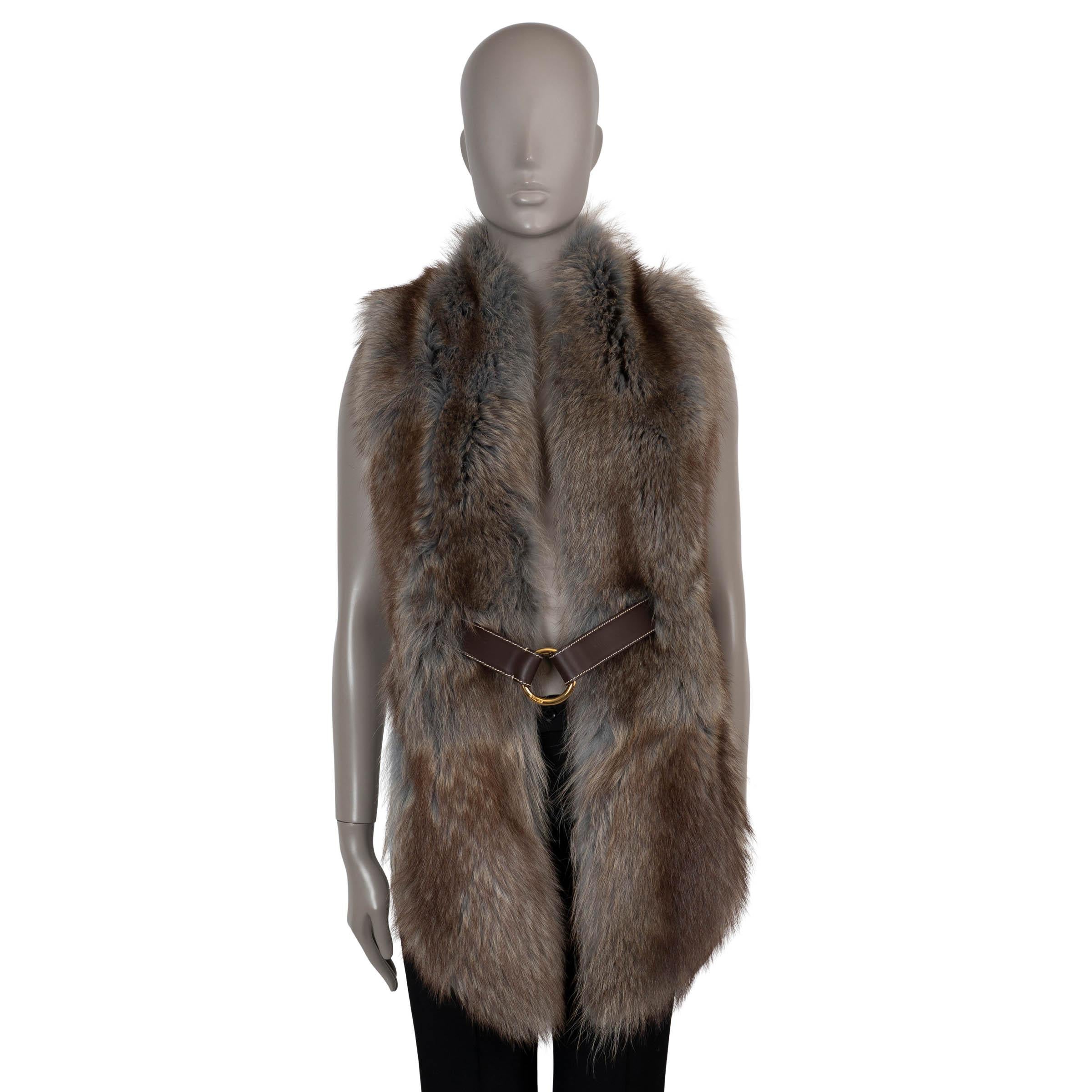 auth LORO PIANA brown grey FOX FUR BELTED MUFFLER Scarf For Sale