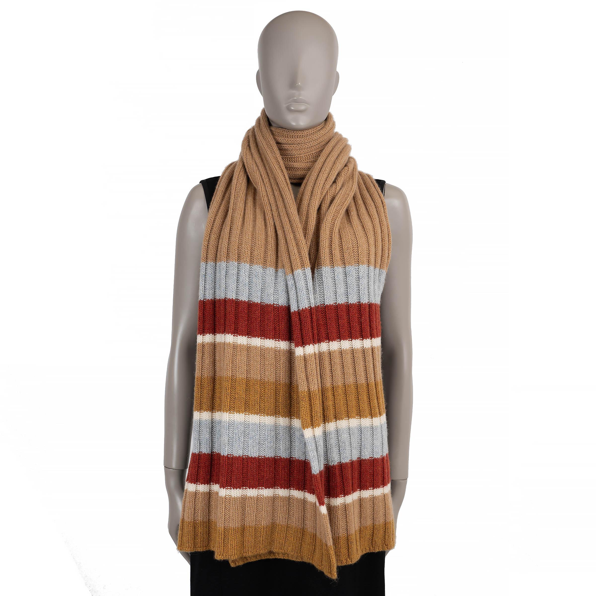Marron auth LORO PIANA tan beige blue cashmere STRIPED RIB-KNIT Muffler Scarf en vente