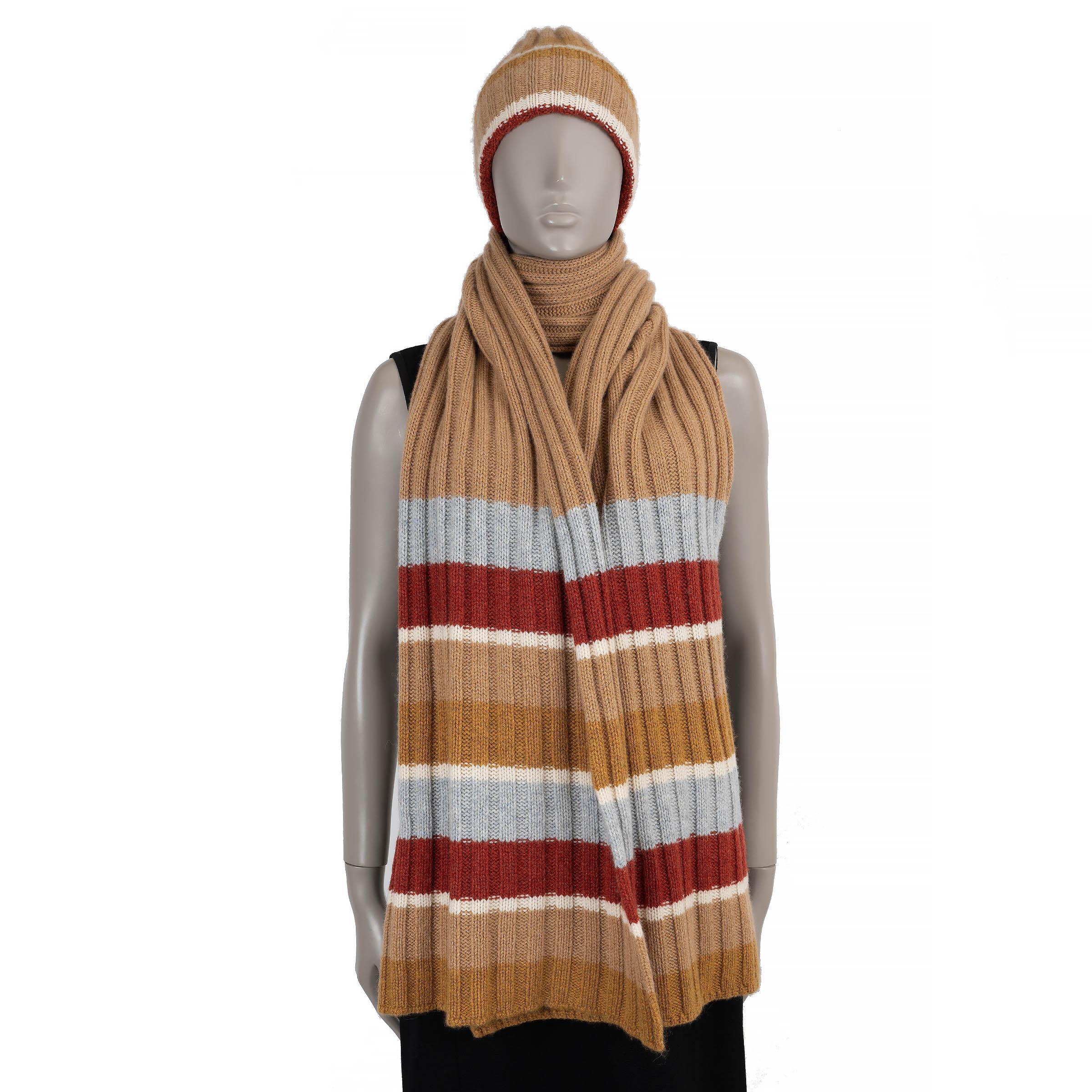 auth LORO PIANA tan beige blue cashmere STRIPED RIB-KNIT Muffler Scarf Excellent état - En vente à Zürich, CH
