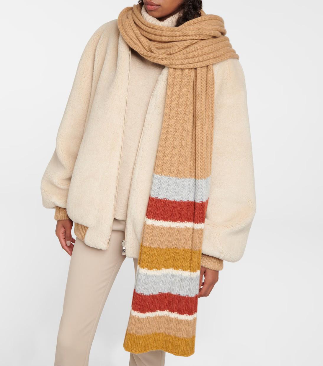 auth LORO PIANA tan beige blue cashmere STRIPED RIB-KNIT Muffler Scarf en vente 1