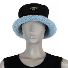 auth PRADA black & blue RE-NYLON FUR LINED BUCKET Hat M