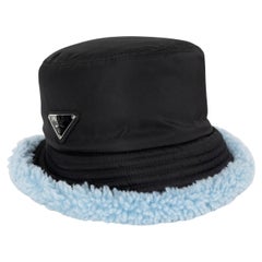 auth PRADA black & blue RE-NYLON FUR LINED BUCKET Hat M