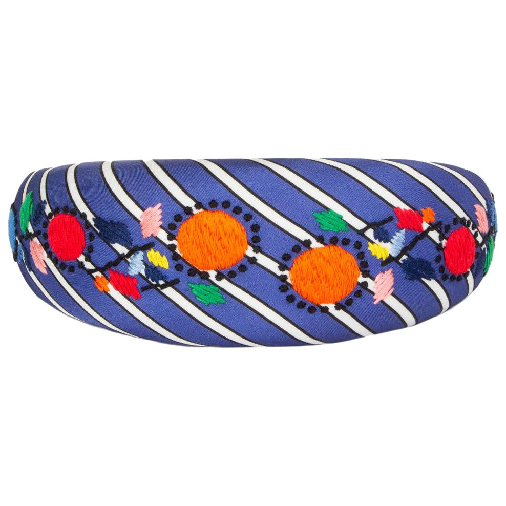 auth PRADA blue Striped Satin FLORAL EMBROIDERED Headband For Sale