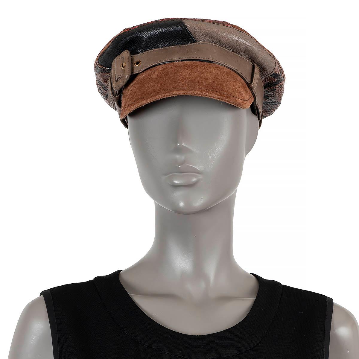 100% authentic Prada 2017 patchwork in cognac suese, tan, taupe and espresso brown leather and burgundy python. Lined in brown silk. Has been worn and a shows a soft mark on the leather strap. Overall in excellent condition. 

Tag Size	S
Inside