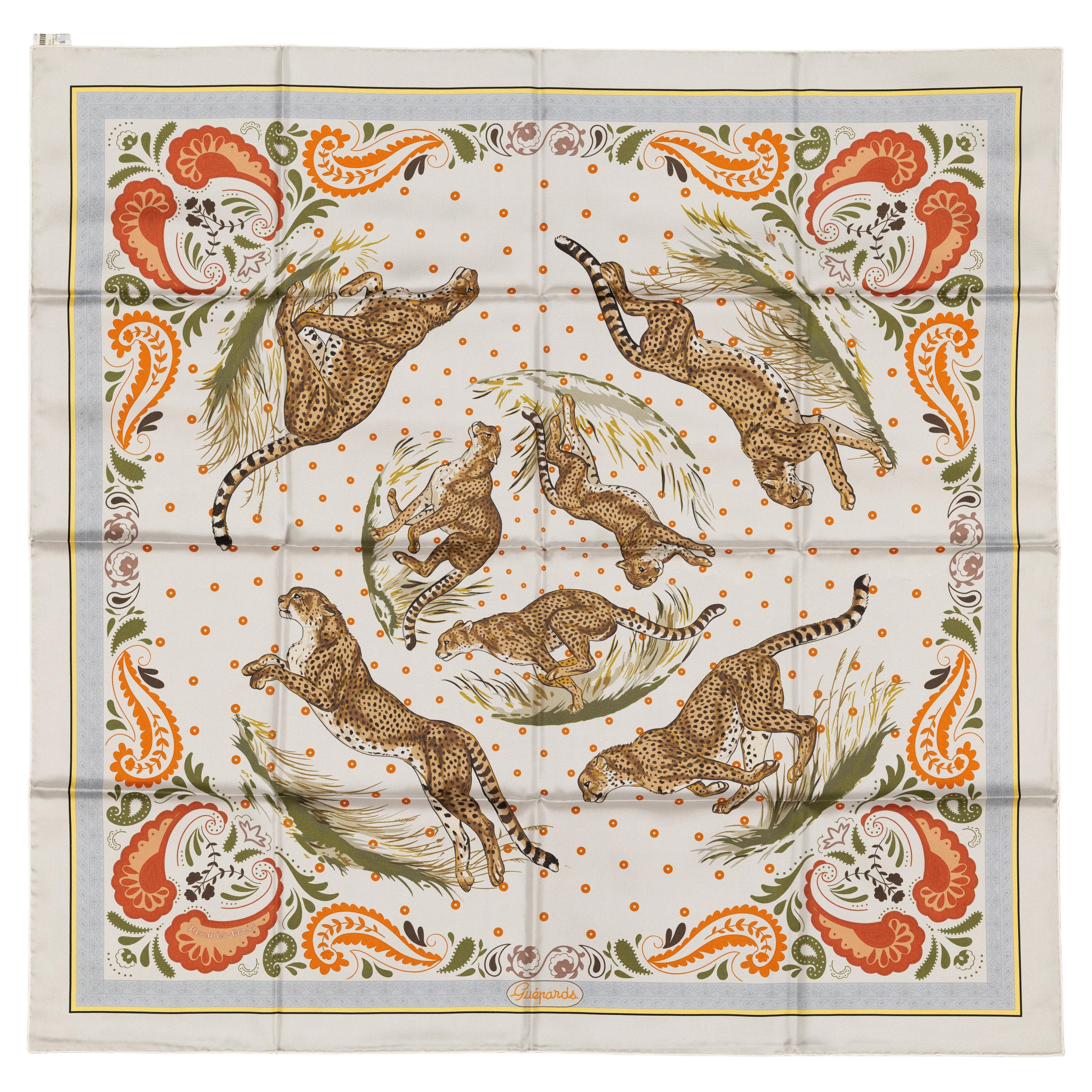 Autor. Seidenschal Guepards Bandana - Double Face - Gris Perle Orange New S Tag