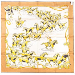 Auth. Silk Scarf Les Mustangs II - Double Face - Potiron Beige - New Store Tag