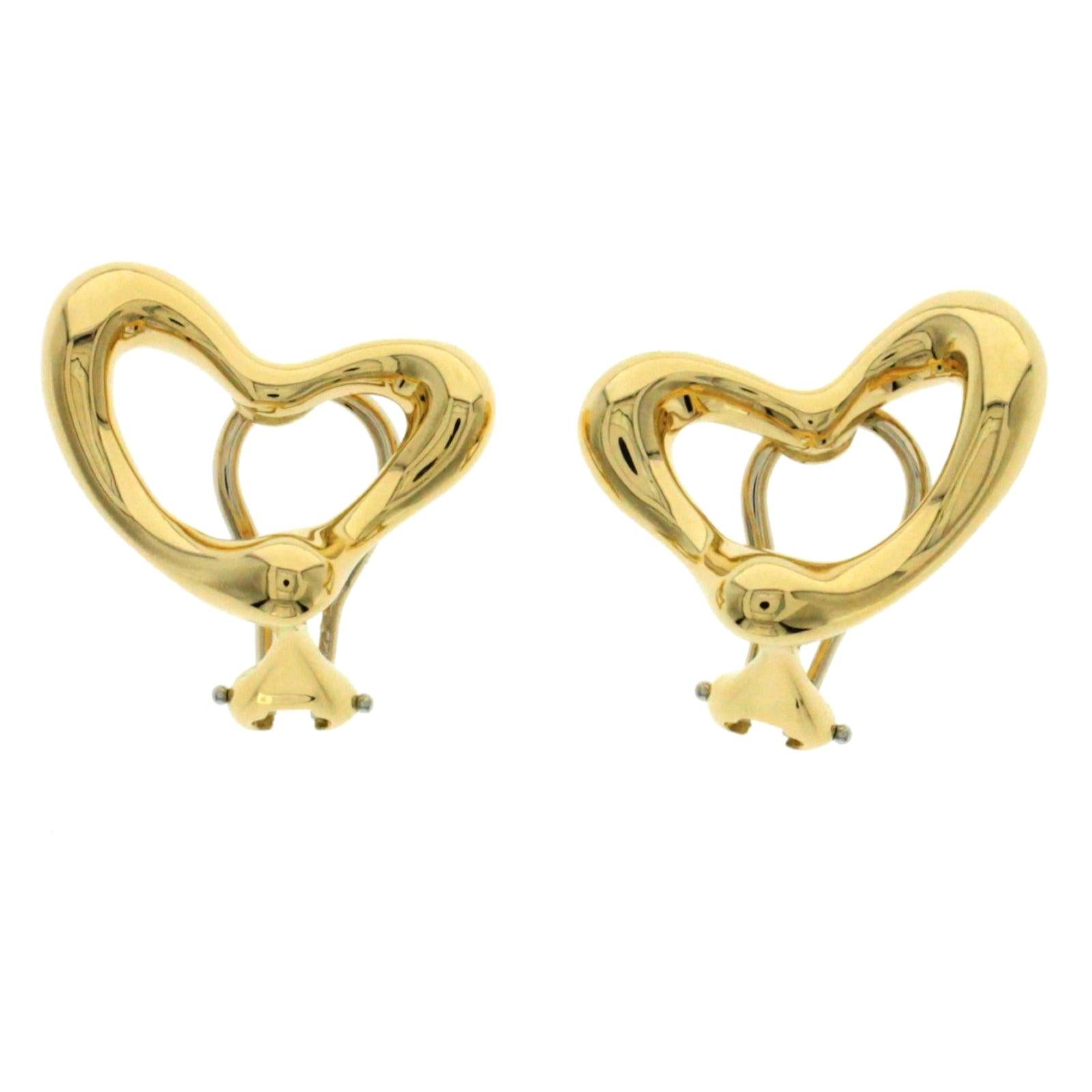 Auth Tiffany & Co. 18 Karat Yellow Gold Elsa Peretti Open Heart Earrings For Sale