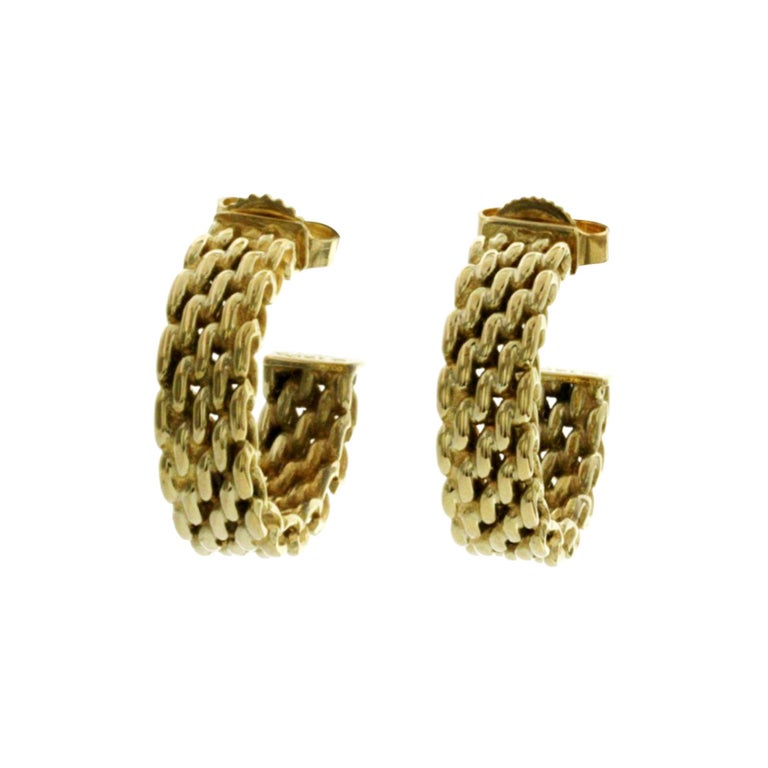 Auth Tiffany and Co, 18 Karat Yellow Gold Mesh Hoop Earrings at 1stDibs