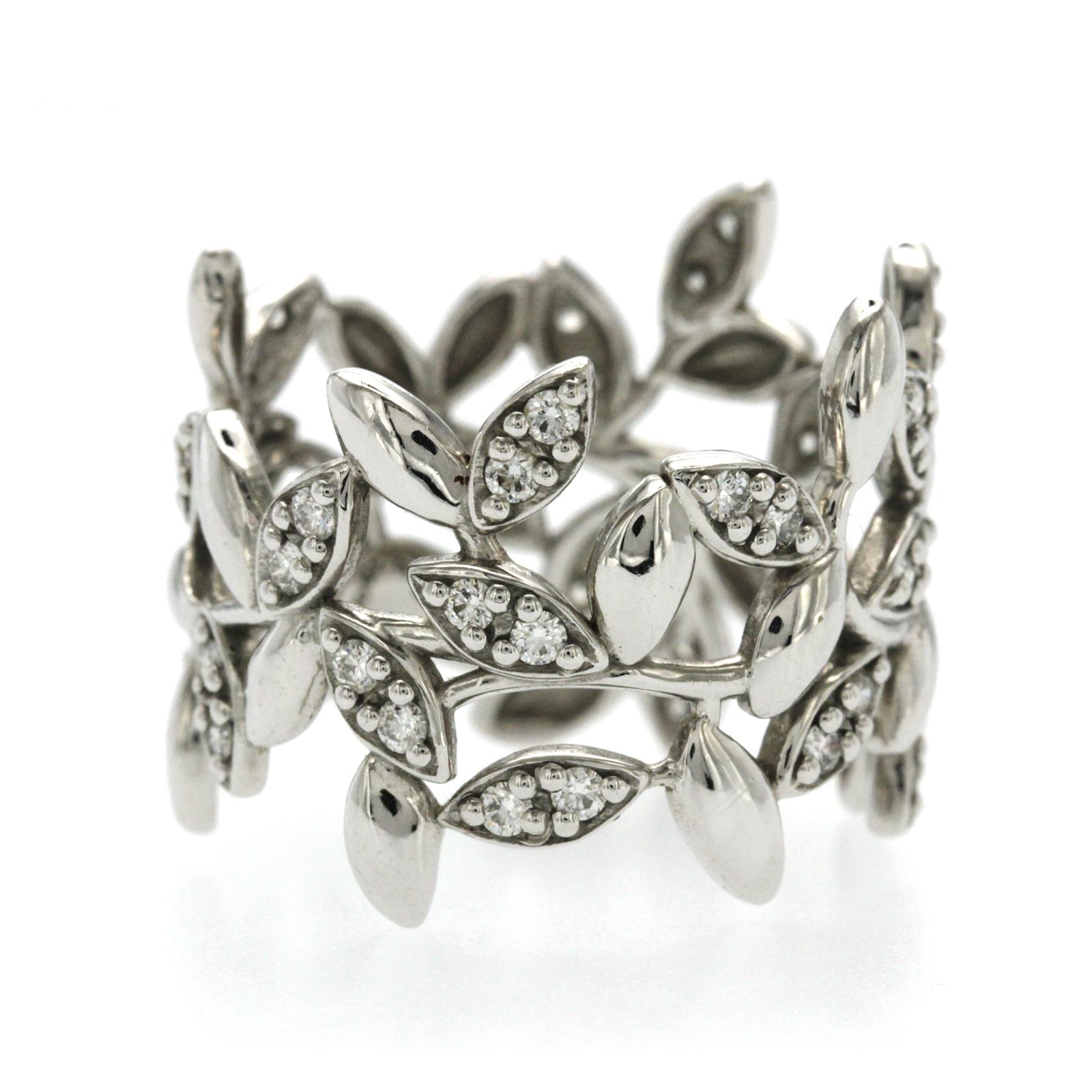 Round Cut Auth Tiffany & Co, 18K White Gold Paloma Picasso Olive Leaf Diamond Ring