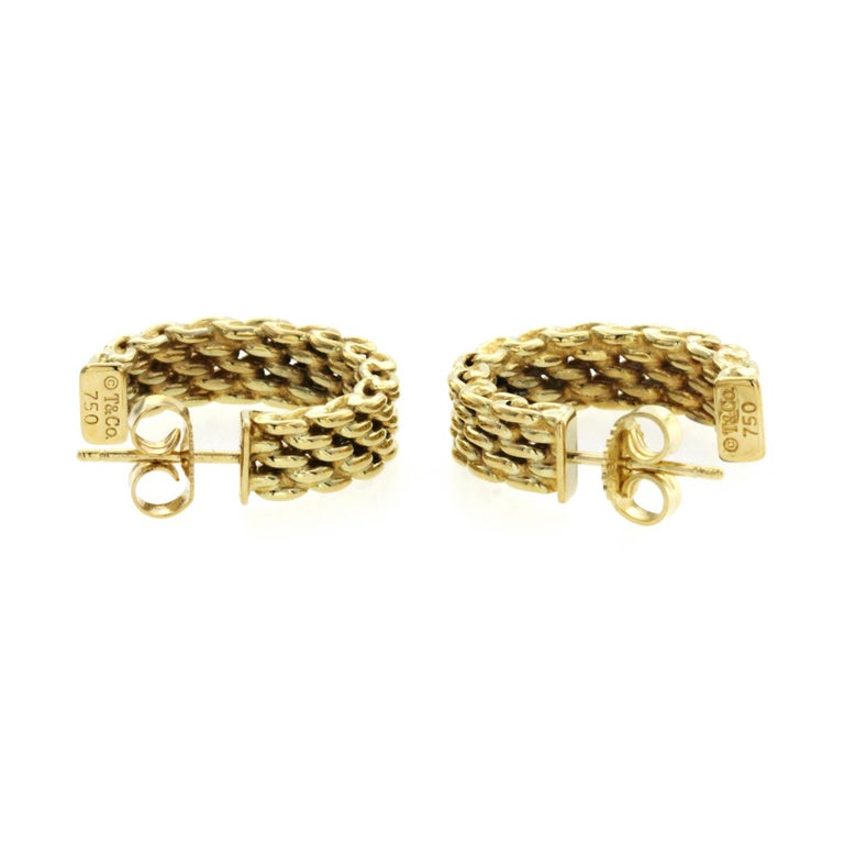 Auth Tiffany and Co, 18 Karat Yellow Gold Mesh Hoop Earrings at 1stDibs
