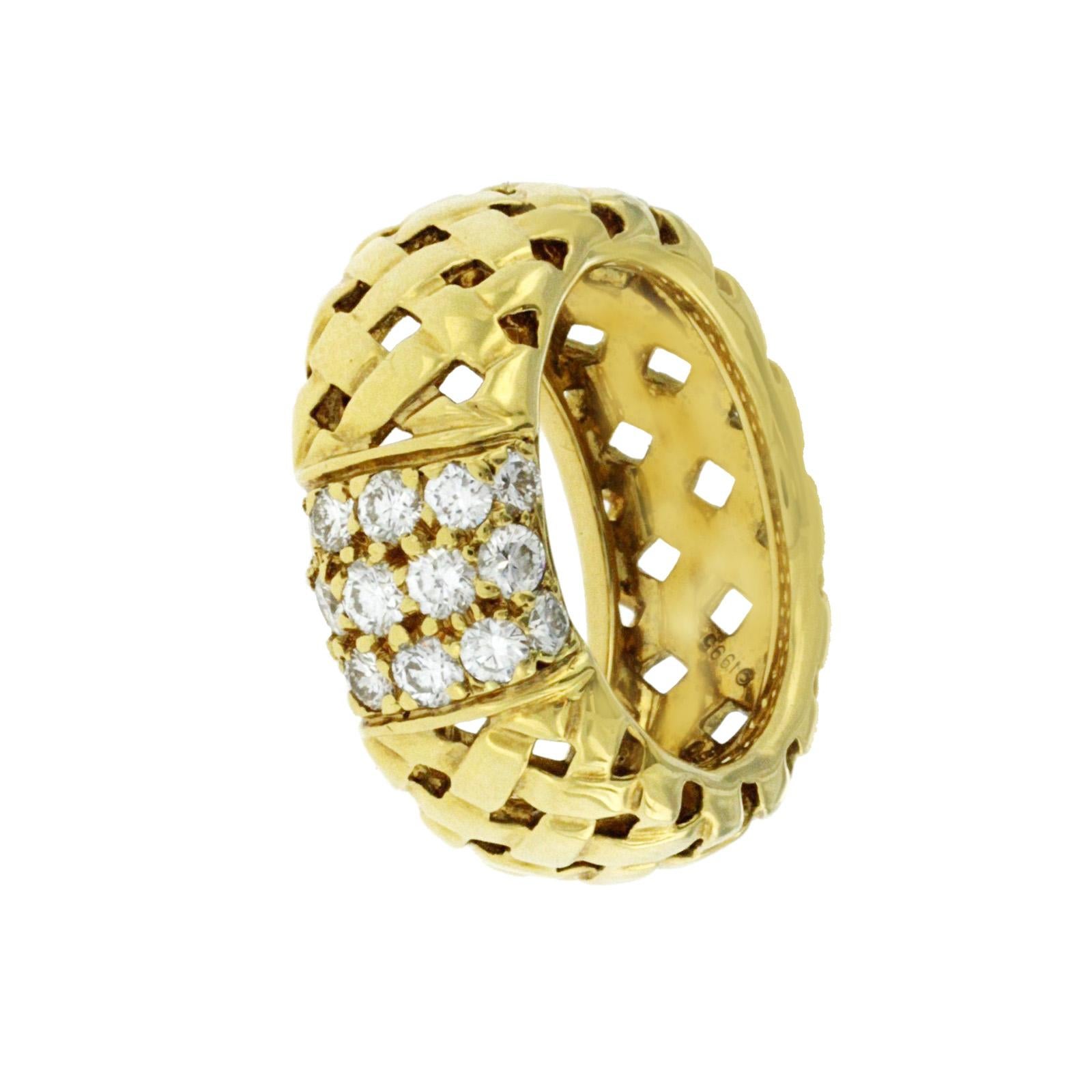 100% Authentic, 100% Customer Satisfaction

Band Width: 8.5 mm

Metal: 18K Yellow Gold

Size: 5

Hallmarks: T& Co 750

Total Weight: 8.2  Grams

Stone Type: 0.70 CT Diamonds F VVS

Condition: Pre Owned 

Estimated Retail Price: $5200

Stock Number: