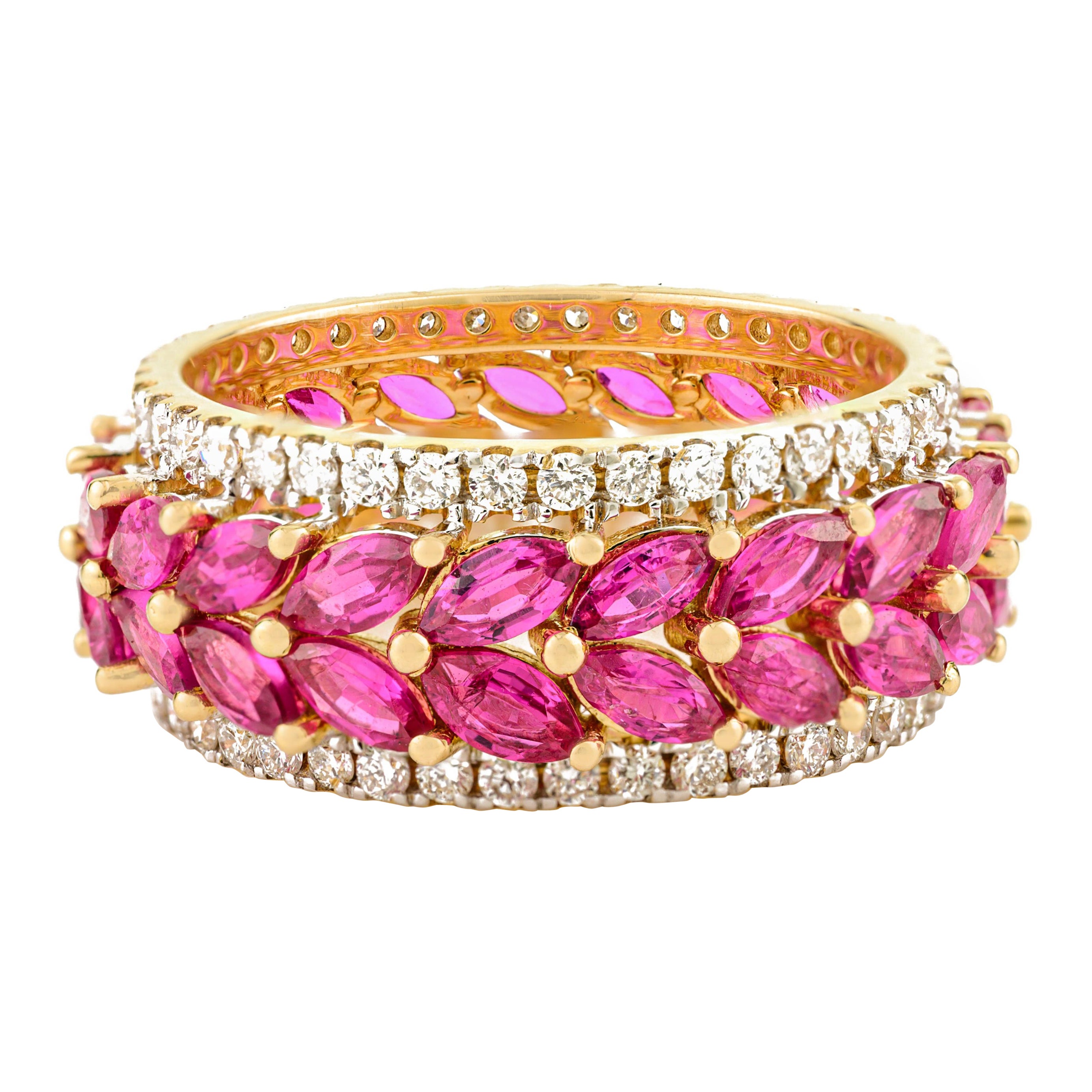 Autentico anello a fascia per l'eternità in oro giallo 14k con rubino marquise e diamante