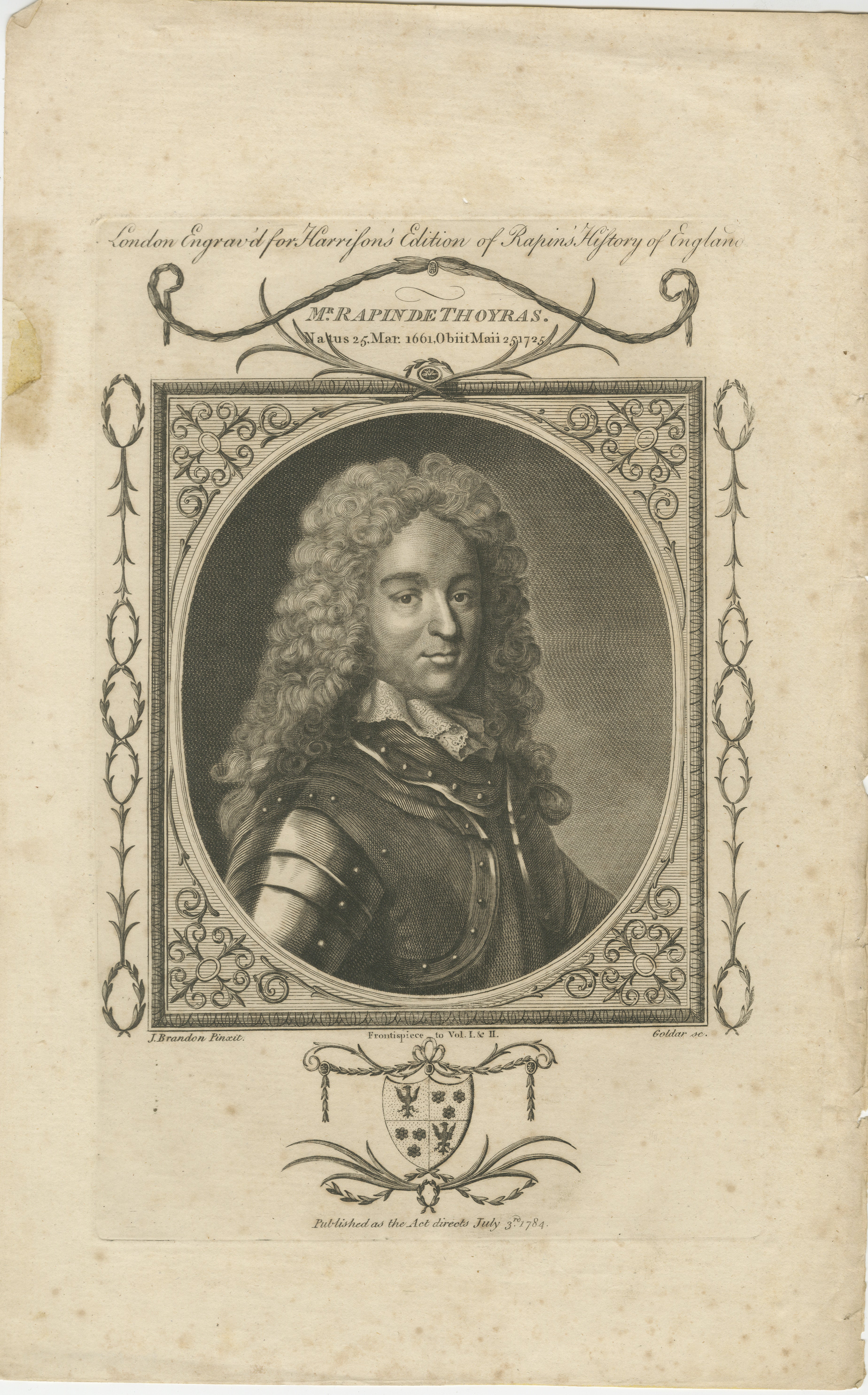 This image is an engraved portrait of Mr. Rapin de Thoyras, created for Harrington's edition of 