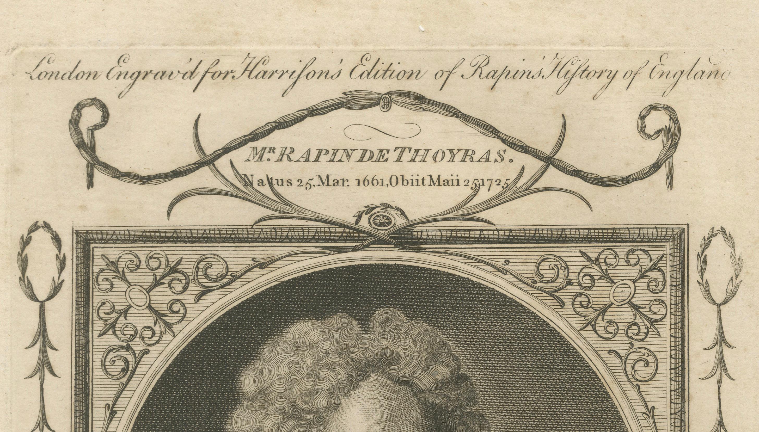 Late 18th Century Authentic 1784 Engraved Portrait of Historian Rapin de Thoyras For Sale
