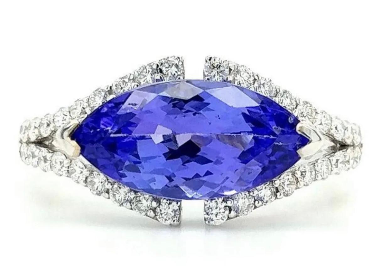 Mixed Cut Authentic 18k 2.42 Ct Tanzanite & .39 Ct Diamond Ring with Appraisal Report Inc For Sale